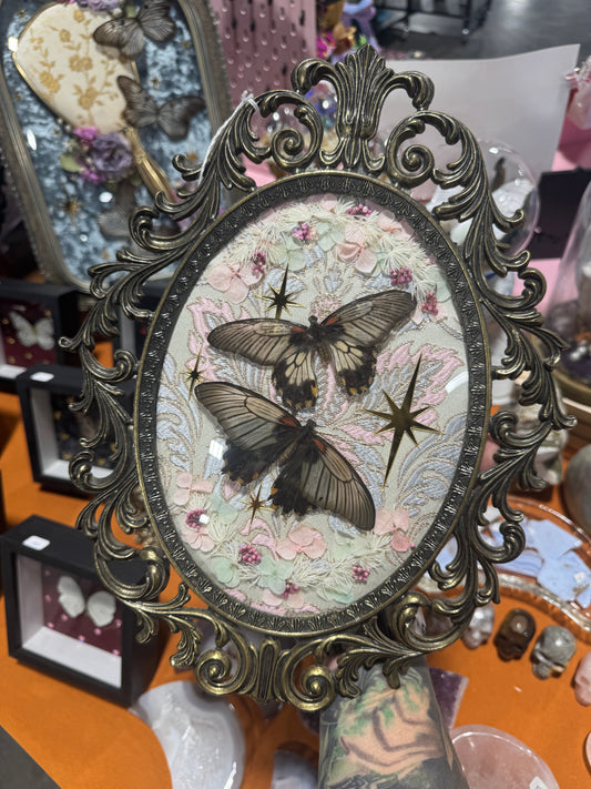 Fawn Butterfly Celestial Whimsy Floral Vintage Bubble Glass Ornate Frame Artwork