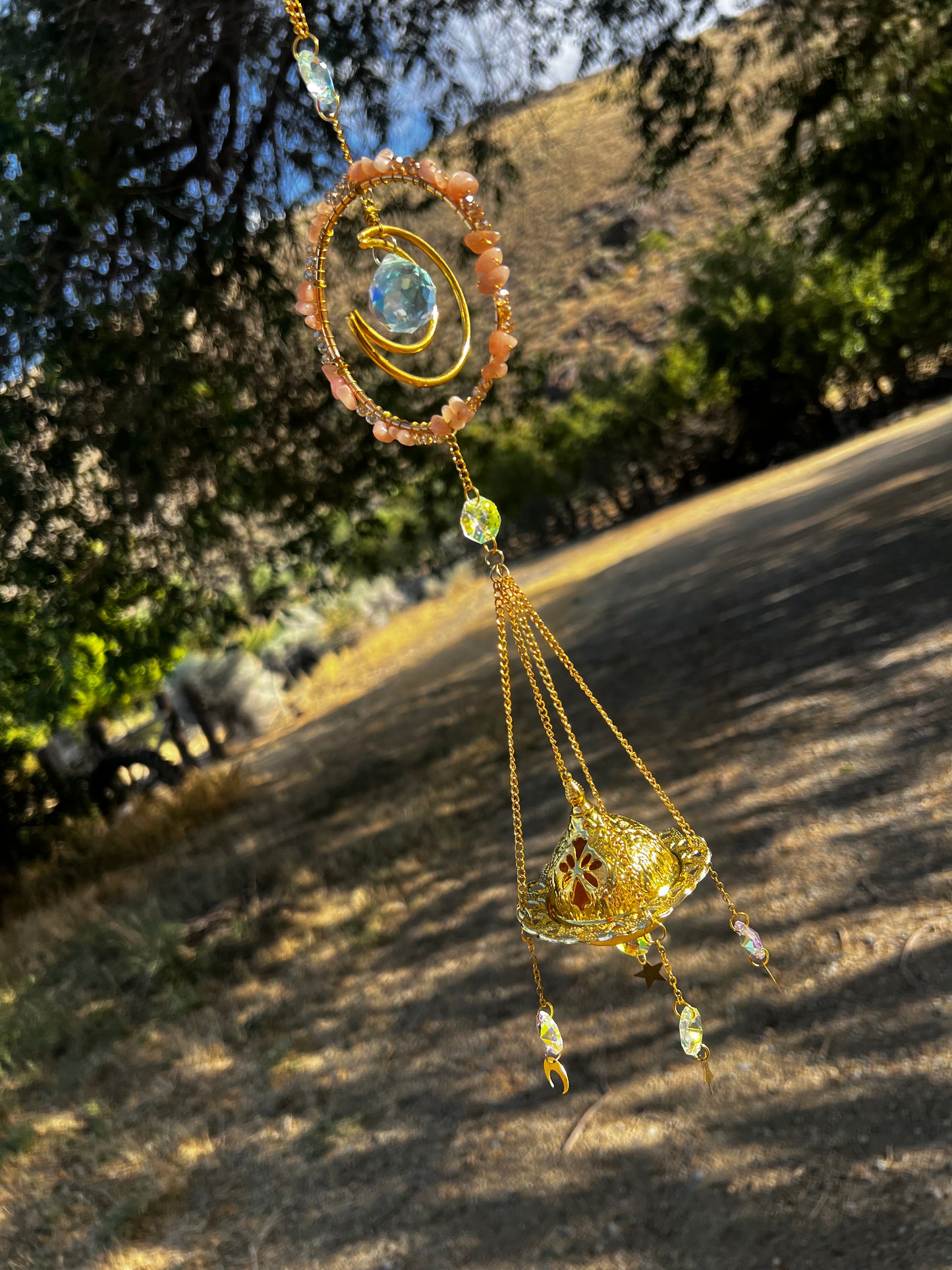 “Amara” Peach Moonstone Incense Crystal Suncatcher