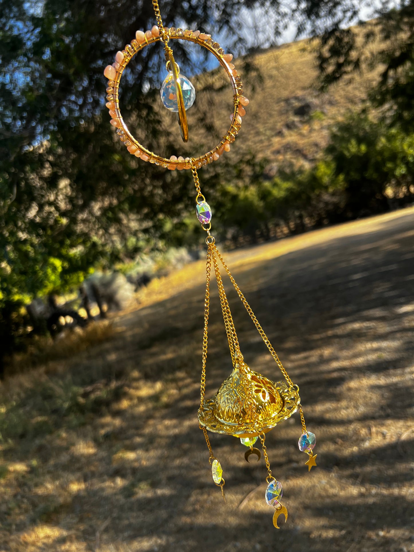 “Amara” Peach Moonstone Incense Crystal Suncatcher