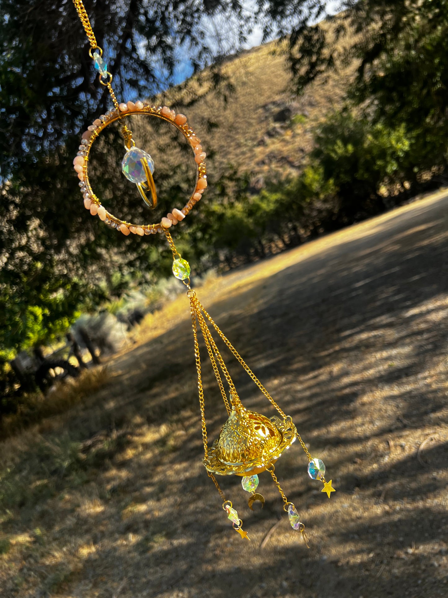 “Amara” Peach Moonstone Incense Crystal Suncatcher