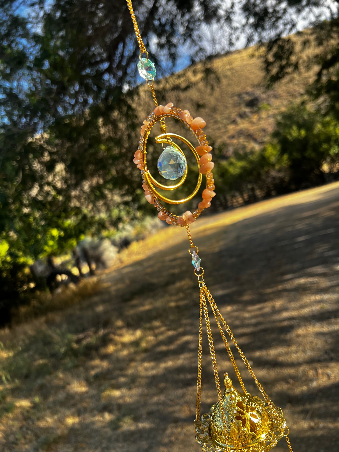 “Amara” Peach Moonstone Incense Crystal Suncatcher