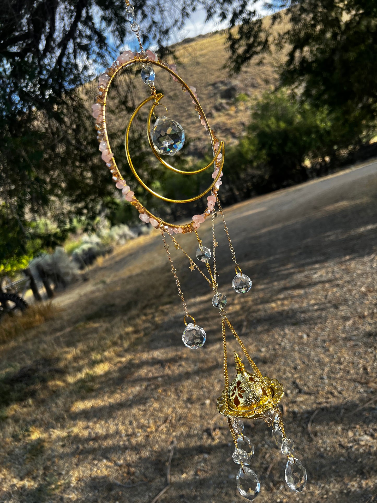 “Indira” Rose Quartz Crystal Incense Suncatcher