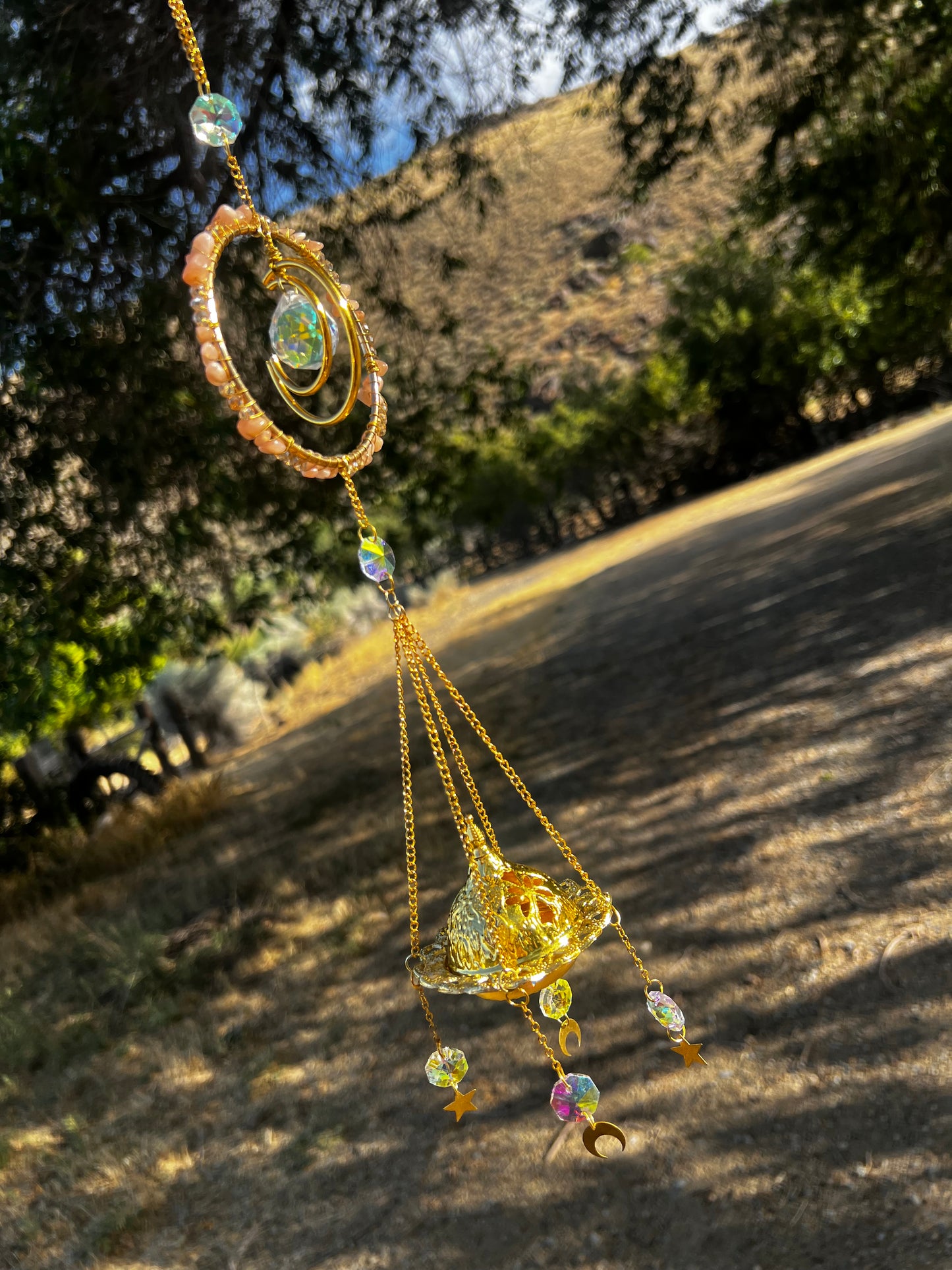 “Amara” Peach Moonstone Incense Crystal Suncatcher
