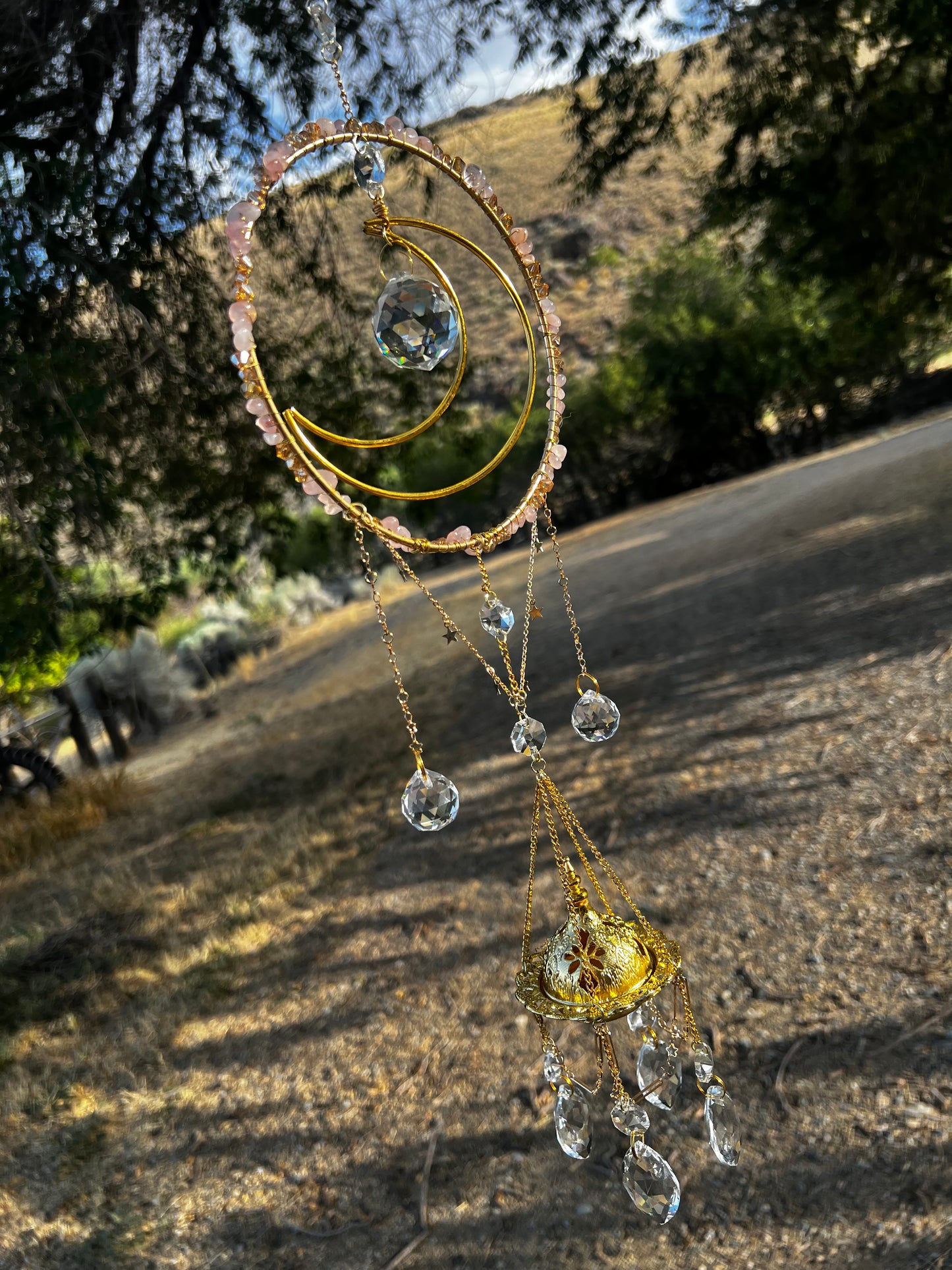 “Indira” Rose Quartz Crystal Incense Suncatcher