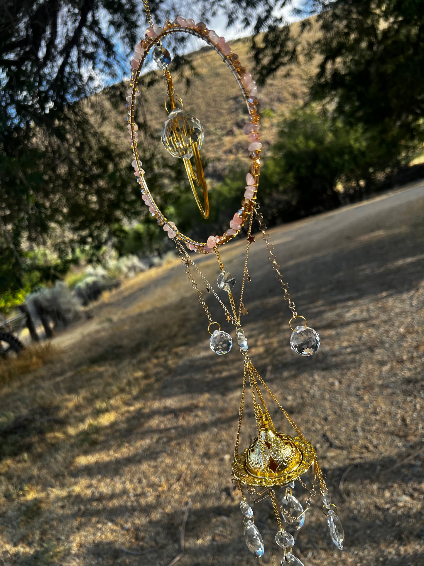 “Indira” Rose Quartz Crystal Incense Suncatcher