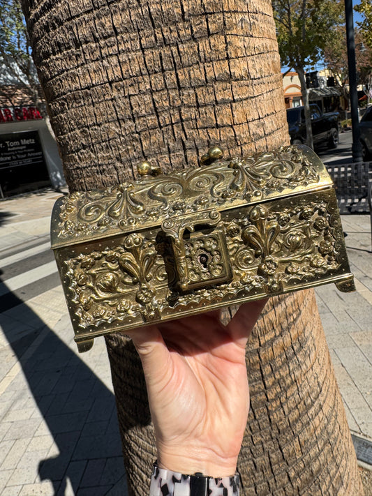 Antique French Ornate Brass 19th Century Treasure Chest