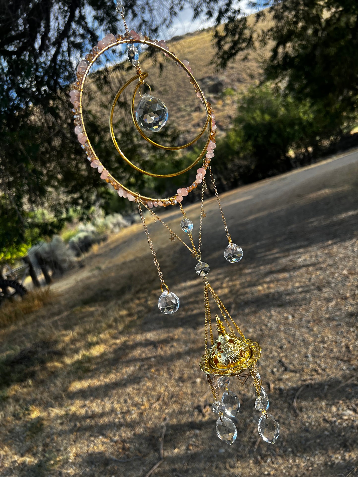 “Indira” Rose Quartz Crystal Incense Suncatcher