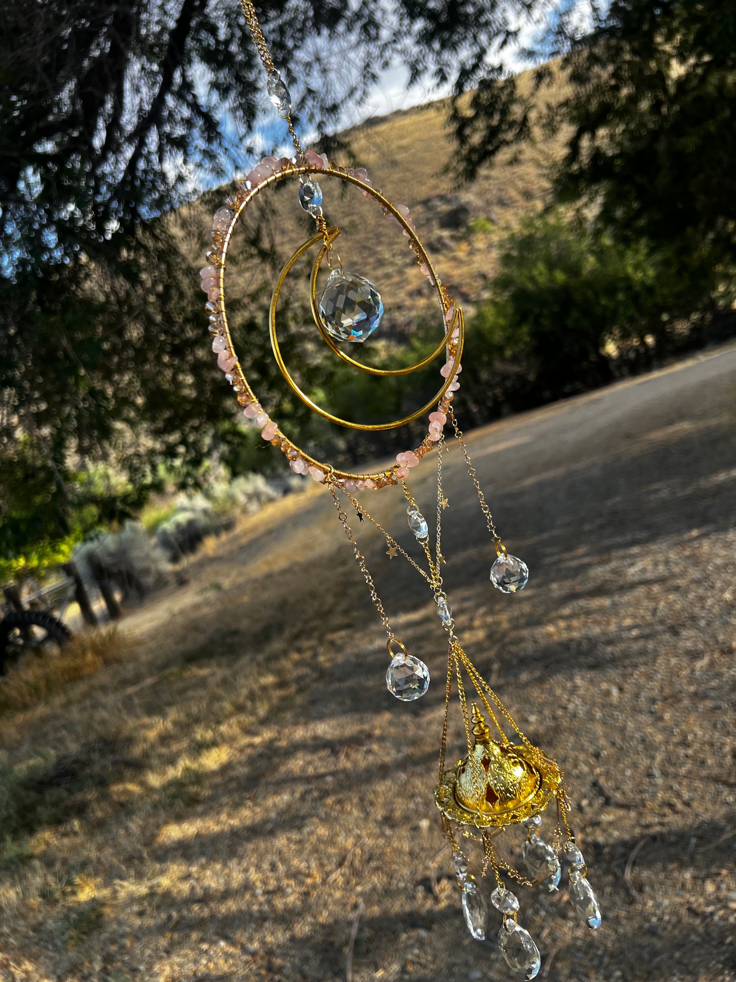 “Indira” Rose Quartz Crystal Incense Suncatcher