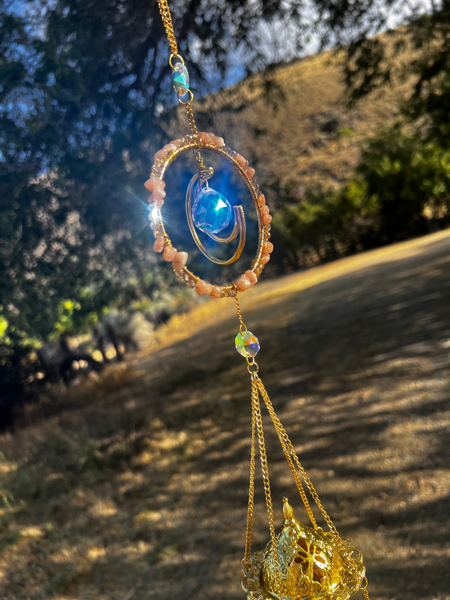 “Amara” Peach Moonstone Incense Crystal Suncatcher
