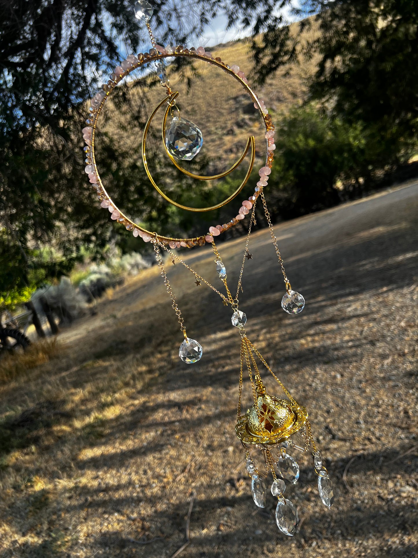 “Indira” Rose Quartz Crystal Incense Suncatcher