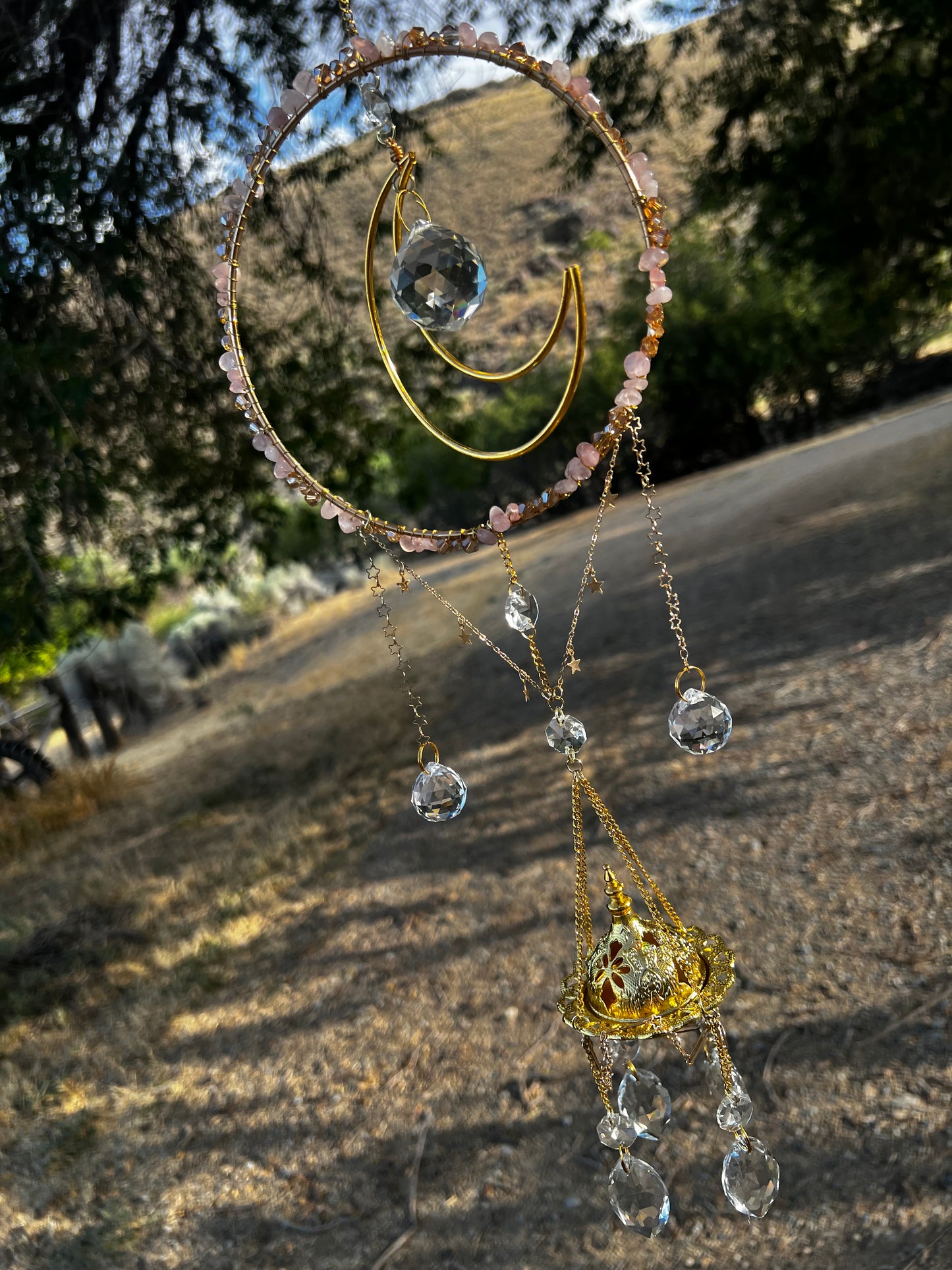 “Indira” Rose Quartz Crystal Incense Suncatcher