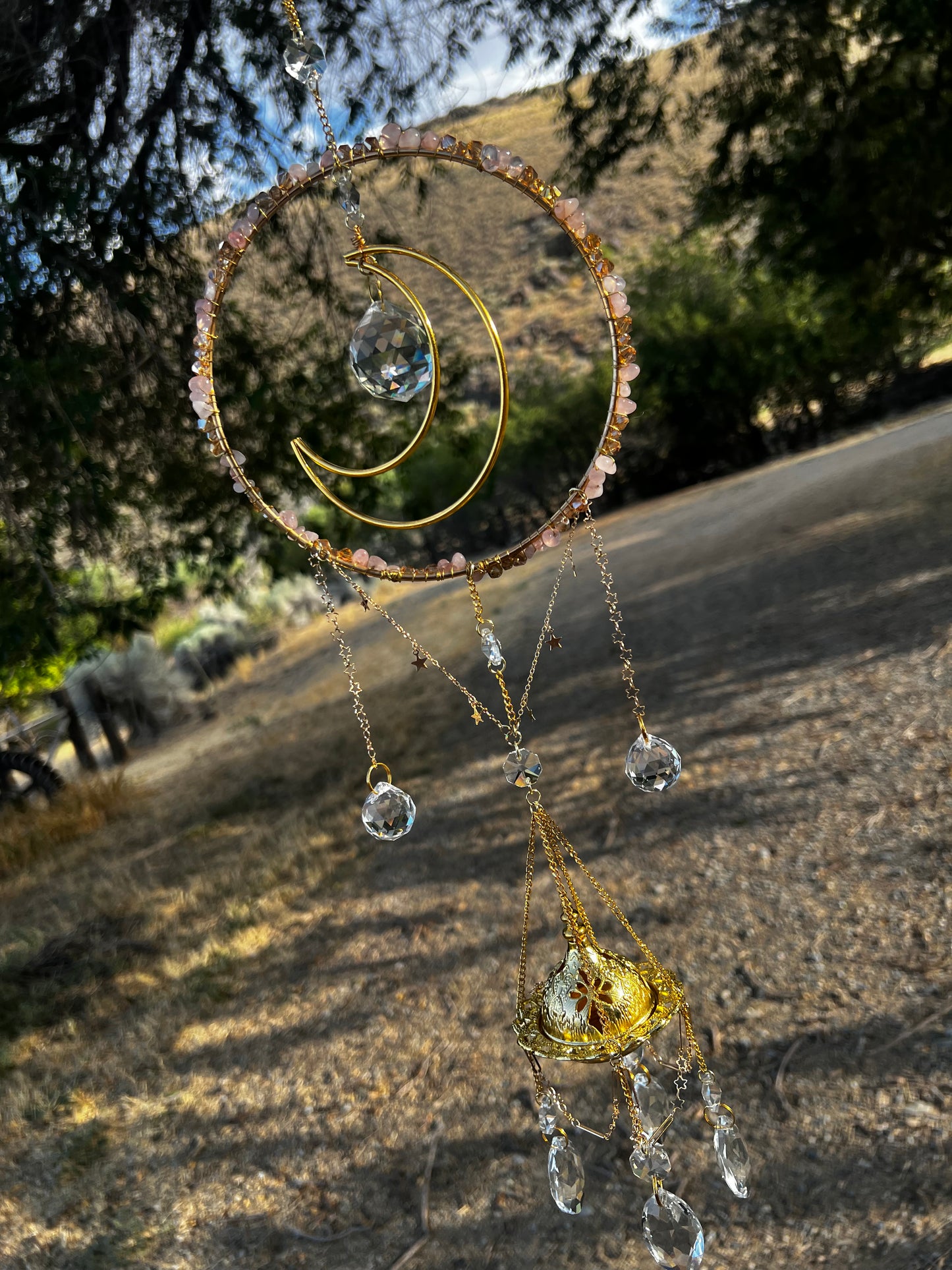 “Indira” Rose Quartz Crystal Incense Suncatcher