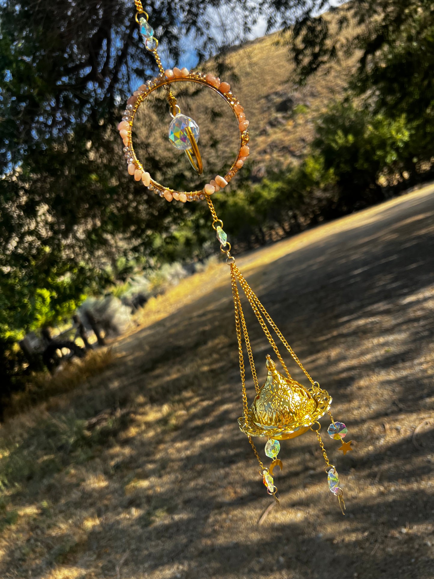 “Amara” Peach Moonstone Incense Crystal Suncatcher