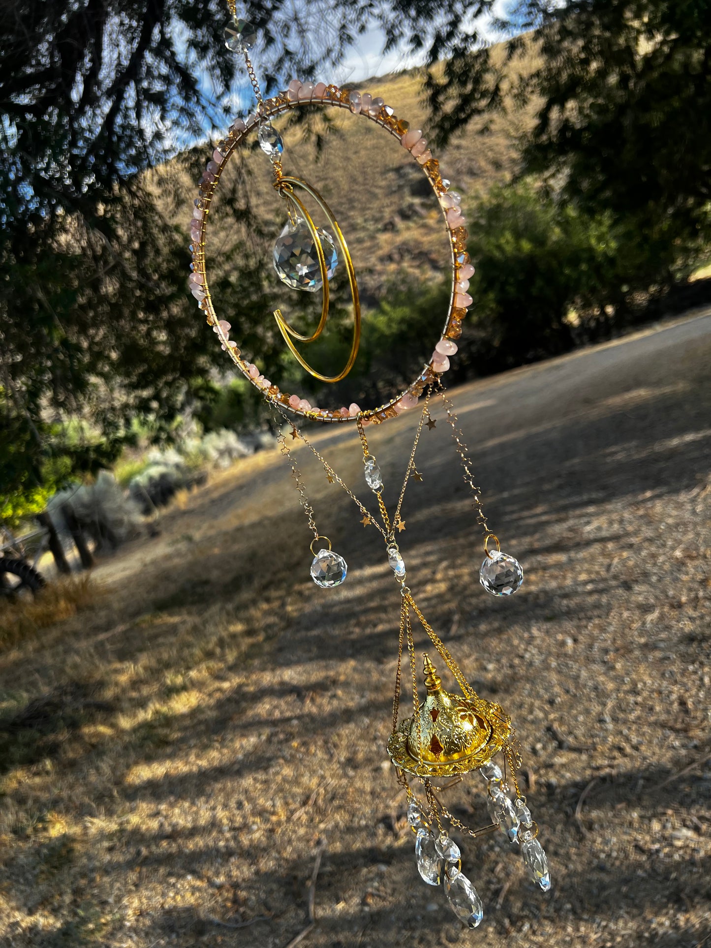 “Indira” Rose Quartz Crystal Incense Suncatcher