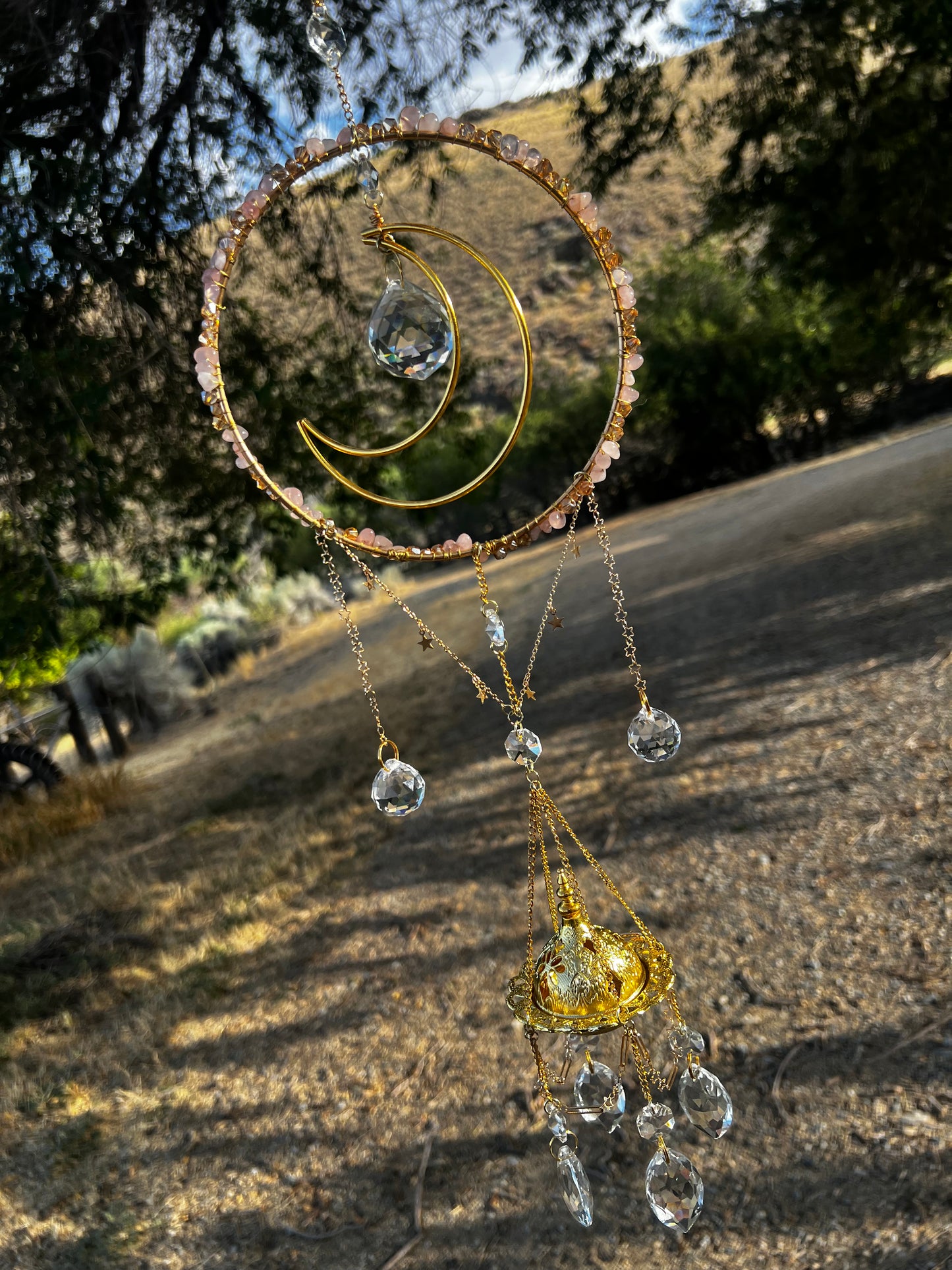 “Indira” Rose Quartz Crystal Incense Suncatcher