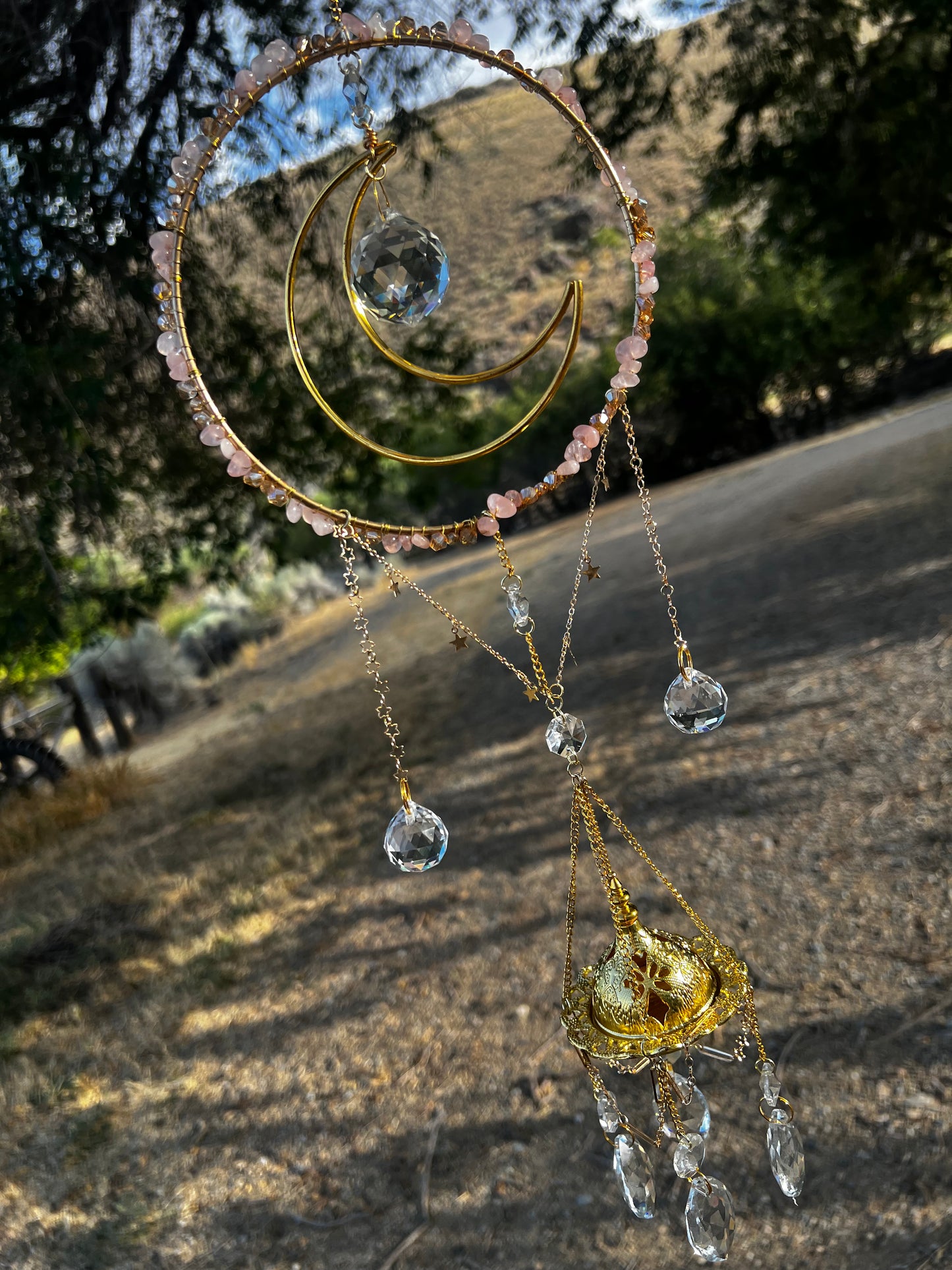 “Indira” Rose Quartz Crystal Incense Suncatcher