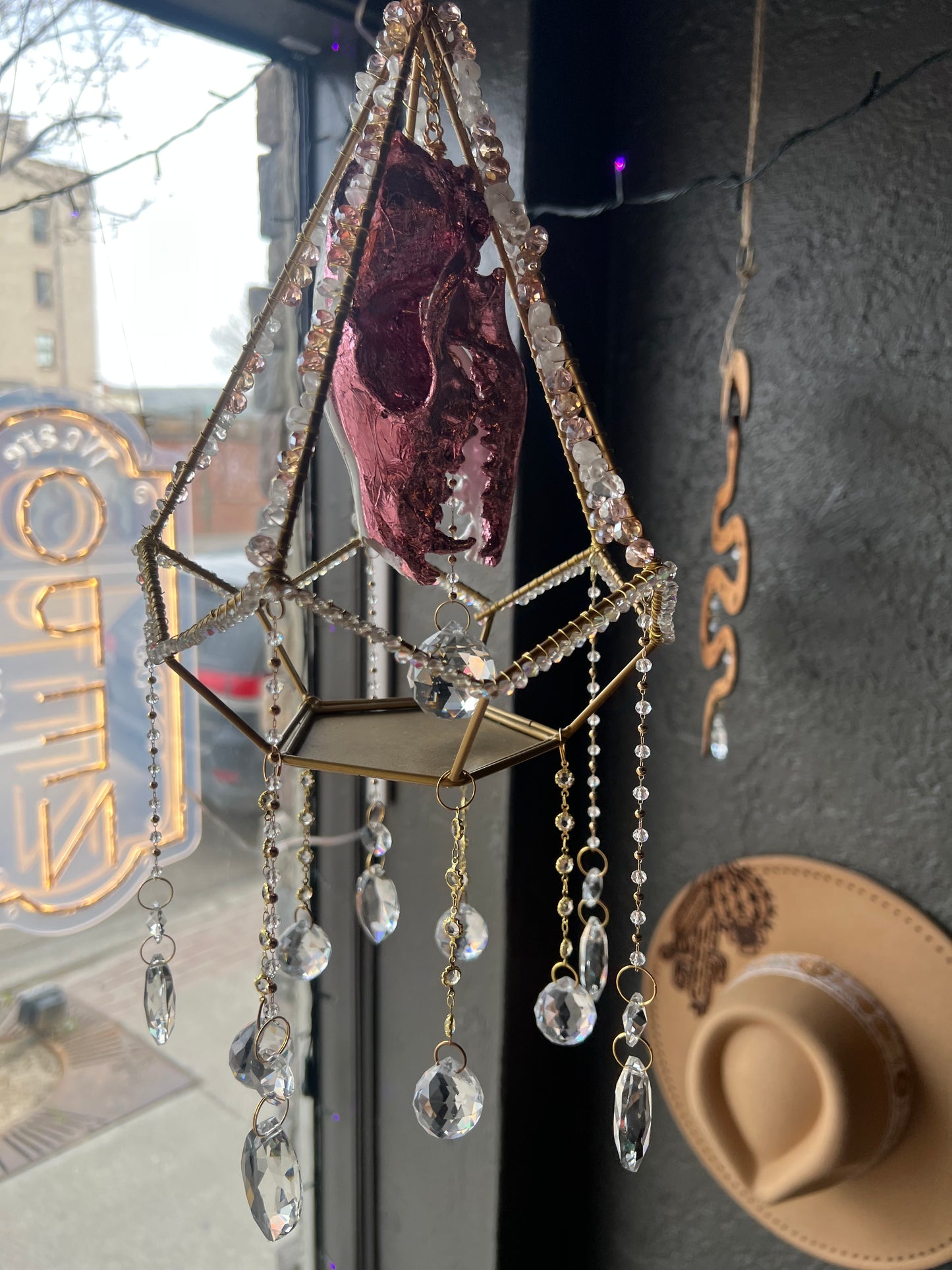 Althea Coyote Skull Mixed Media Taxidermy Oddities Geometric Crystal Suncatcher
