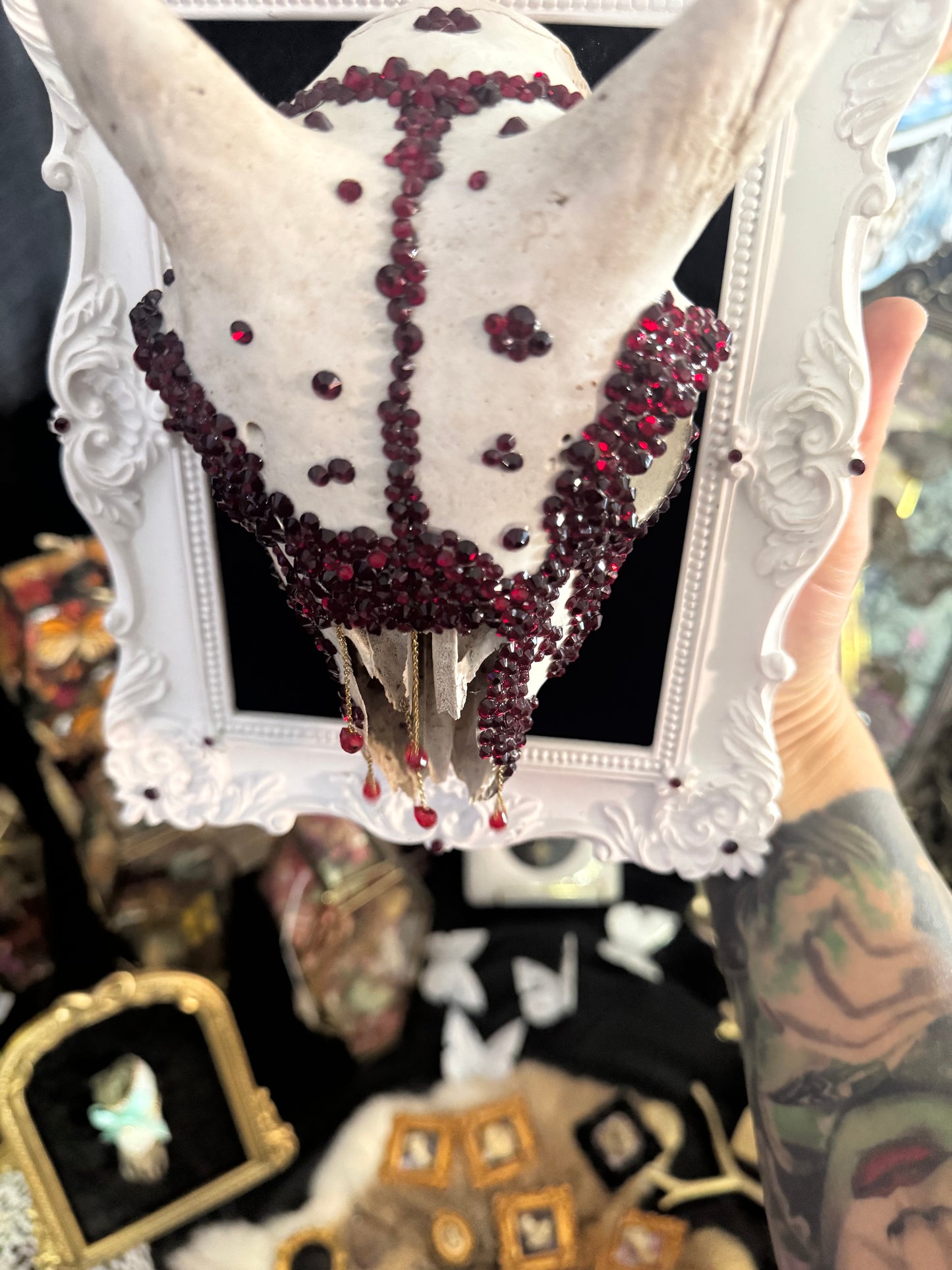 Baltazar Gothic Framed Goat Skull Red Rhinestone Embellished Artwork