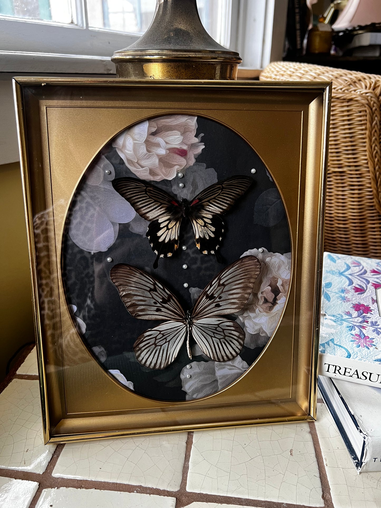 Dark Feminine Floral Design Butterfly Framed Artwork