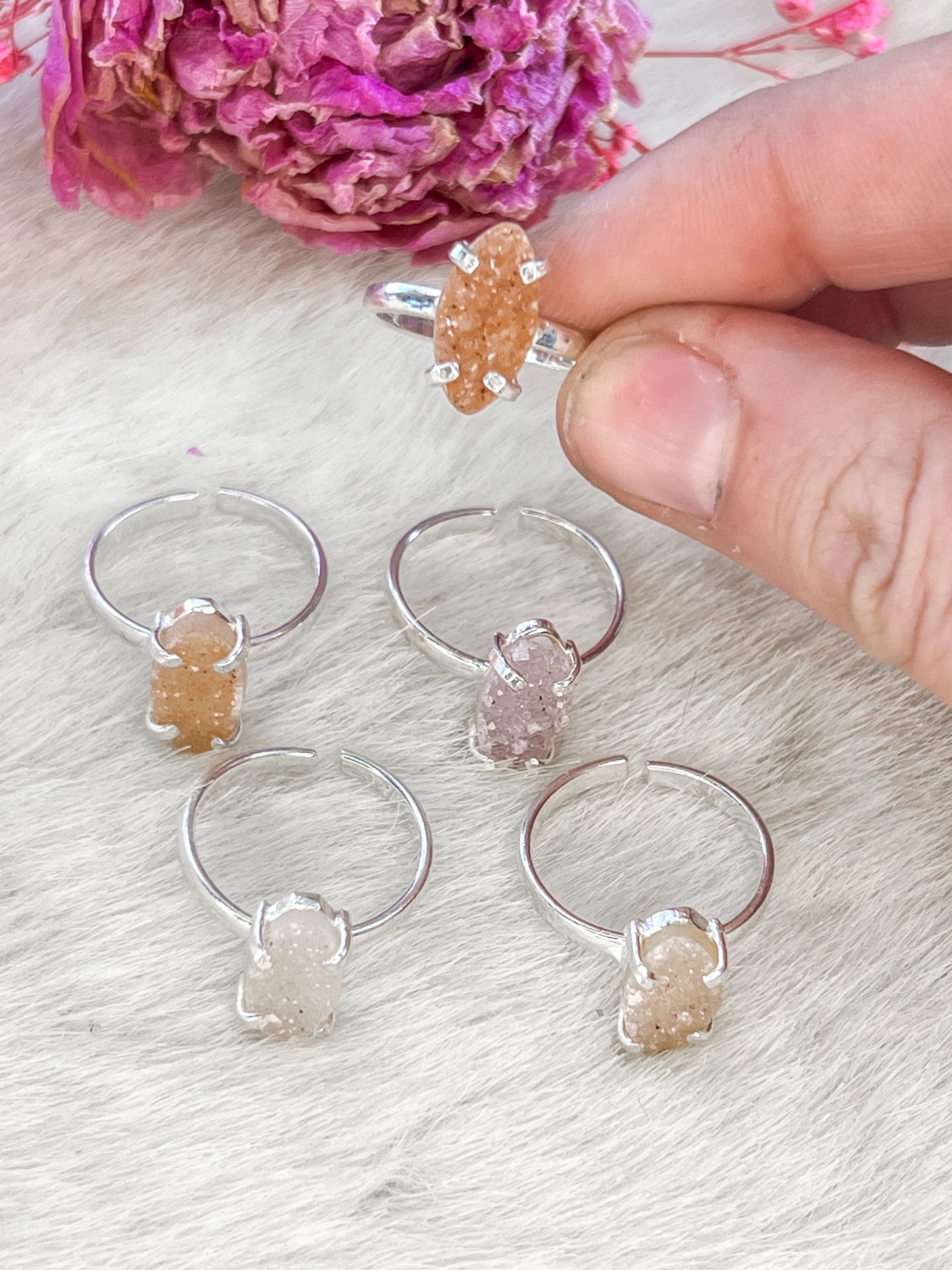 Druzy Dainty Quartz Amethyst Silver Plated Adjustable Rings