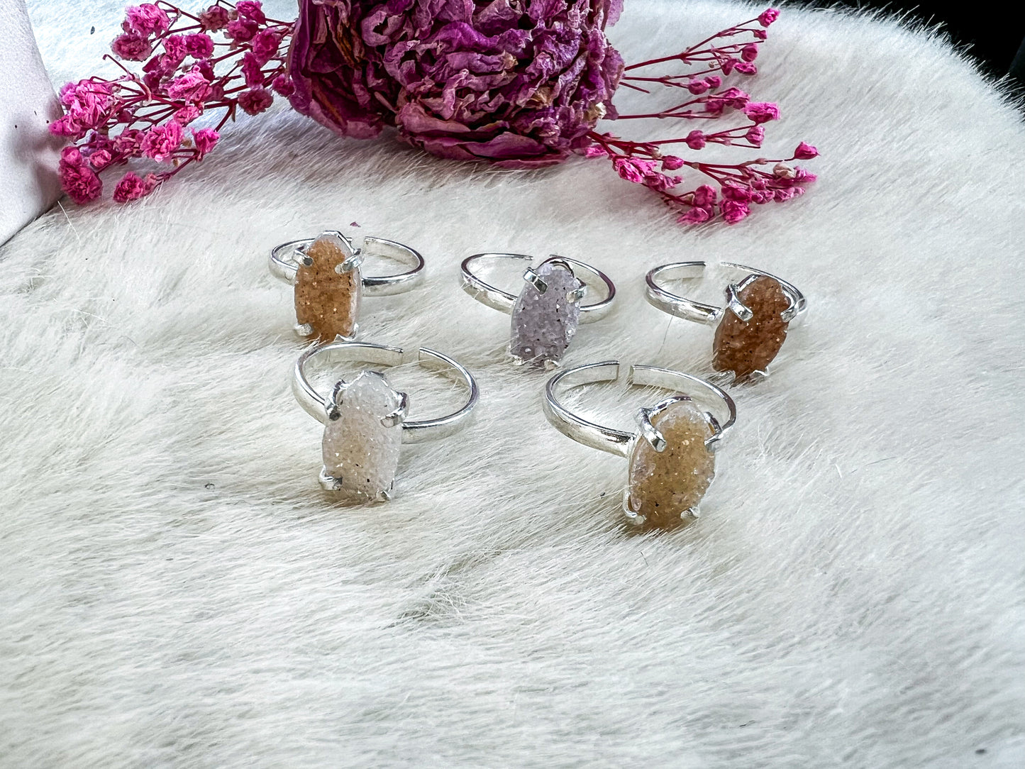 Druzy Dainty Quartz Amethyst Silver Plated Adjustable Rings