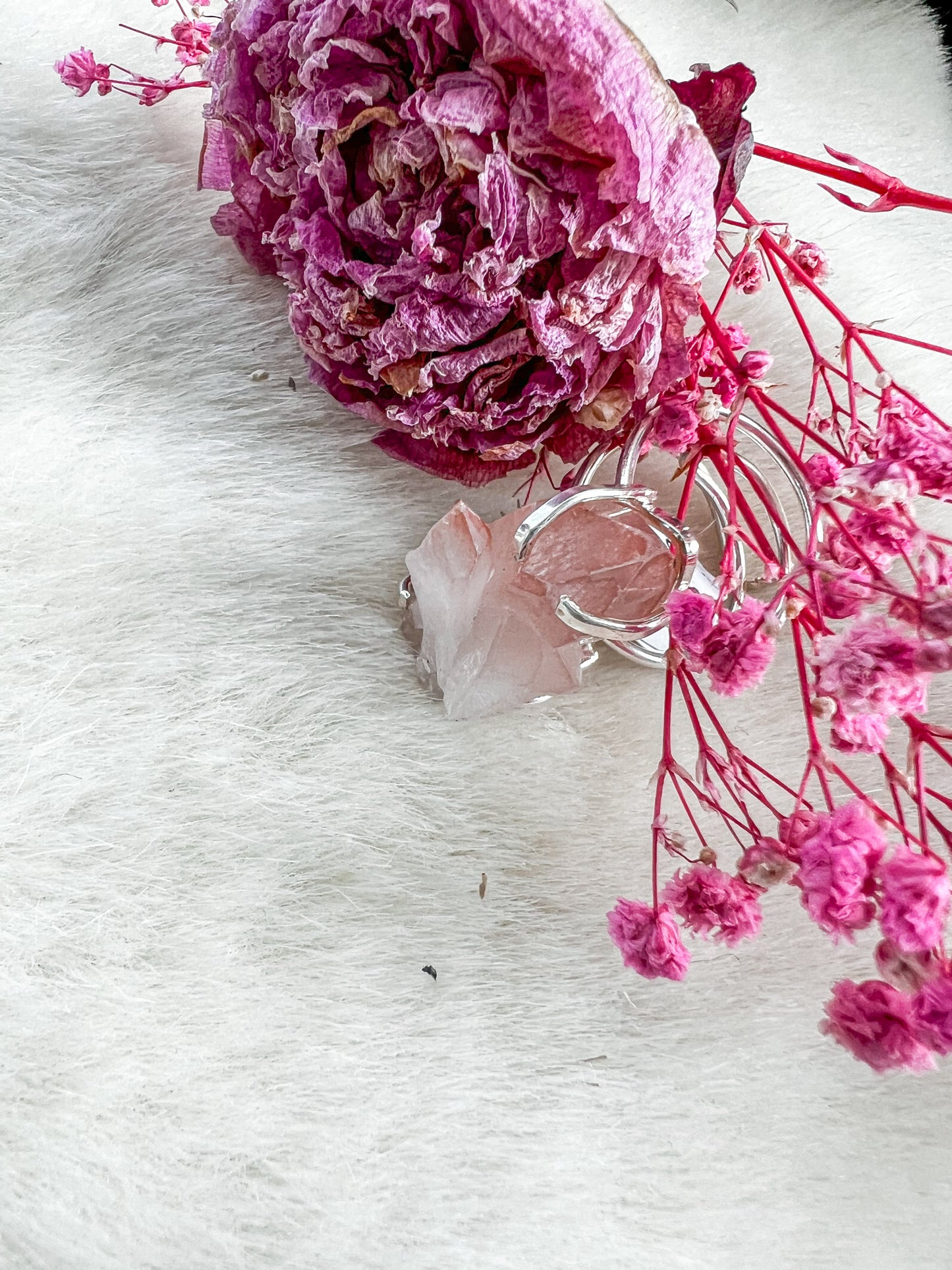 Pink Lithium Quartz Silver Plated Adjustable Ring