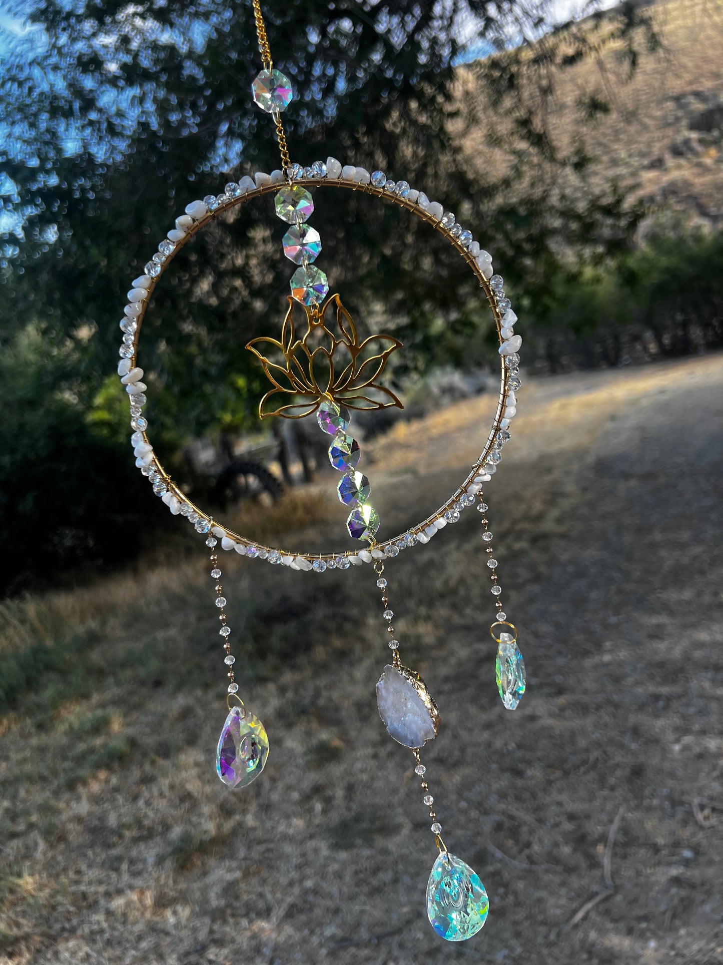 “Callidora” Rainbow Moonstone Lotus Crystal Suncatcher
