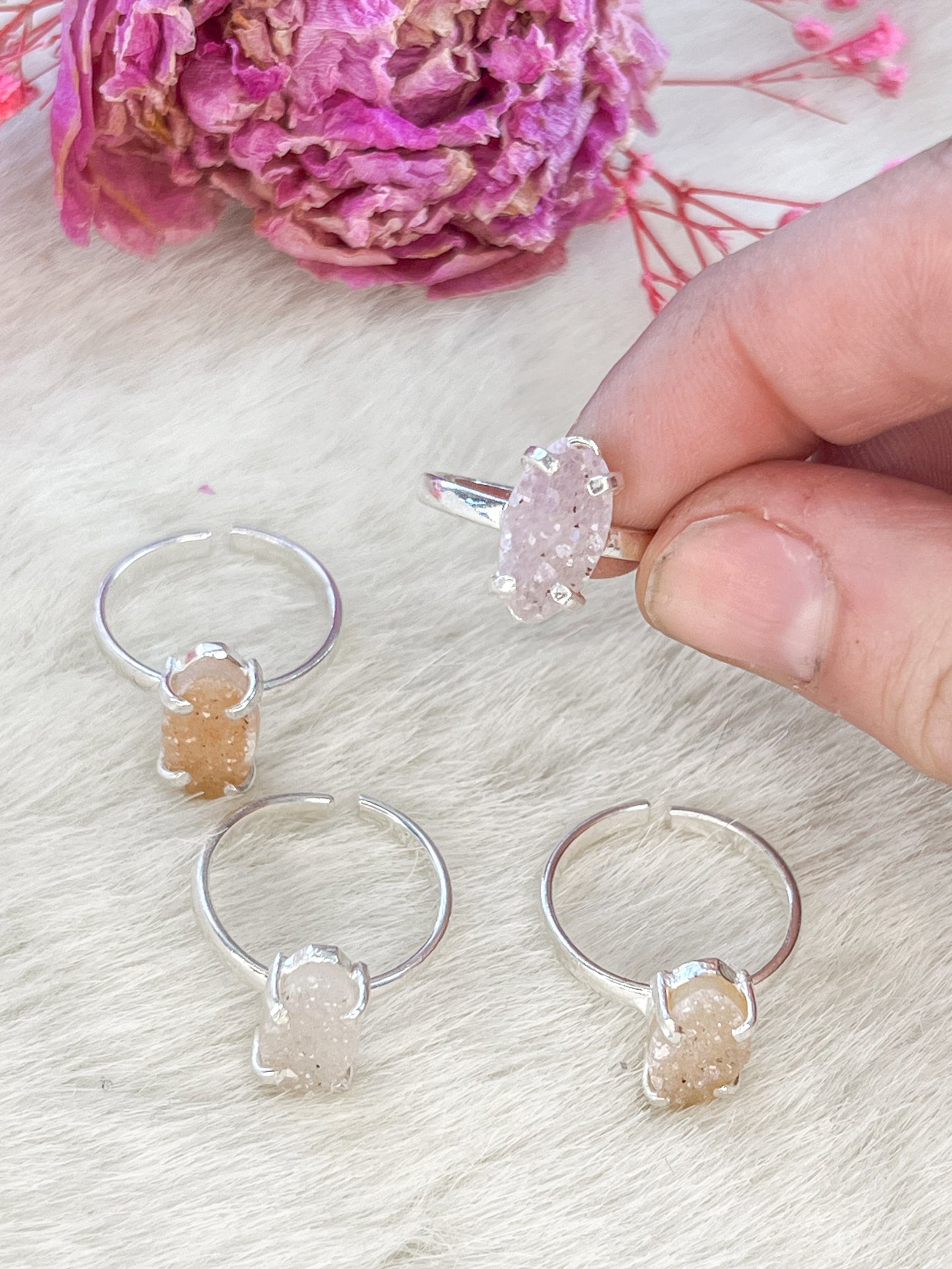 Druzy Dainty Quartz Amethyst Silver Plated Adjustable Rings