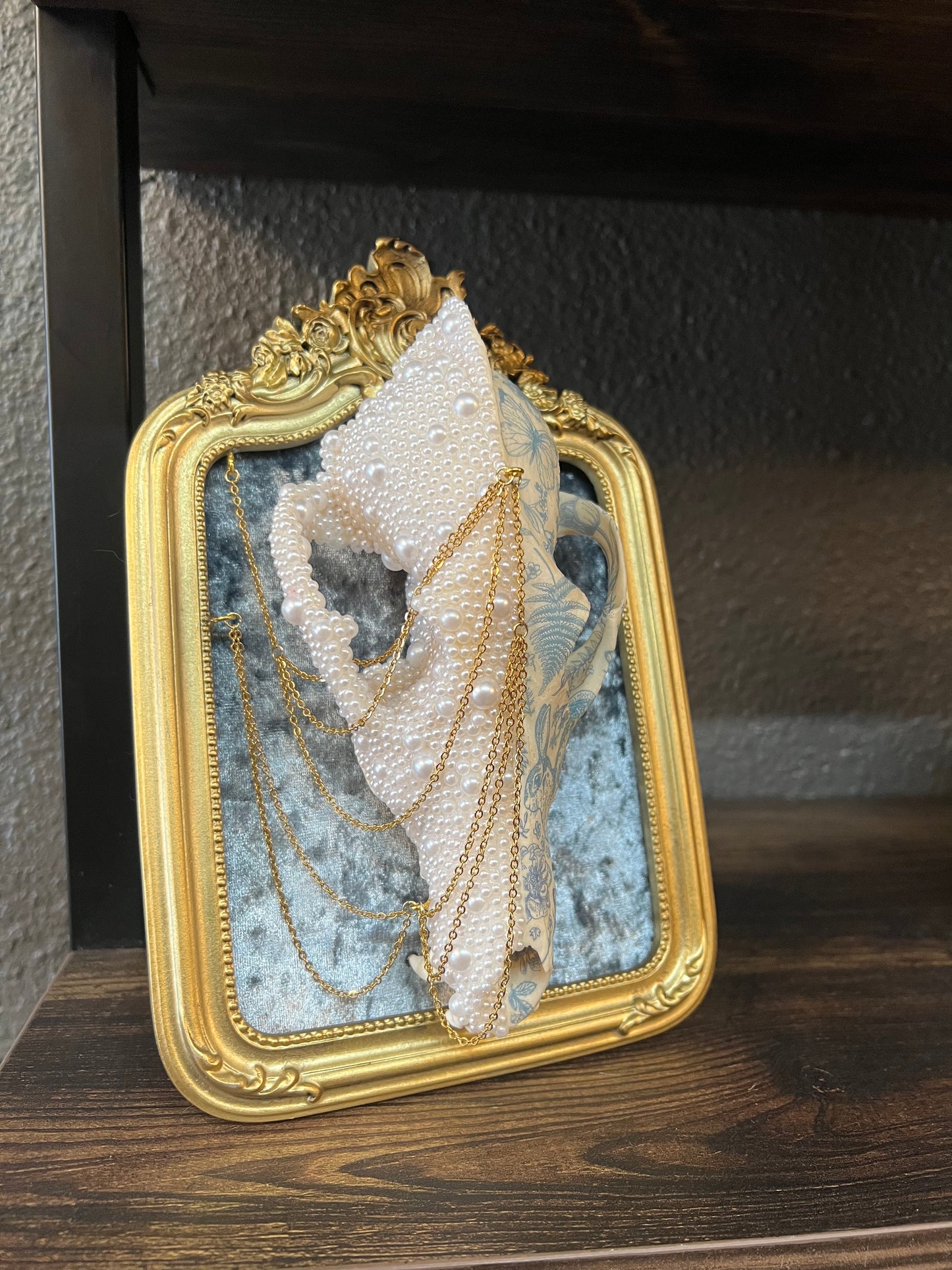 Ophelis Coyote Skull Faux Pearl Botanical Chained Gold Ornate Framed Oddities Taxidermy Artwork