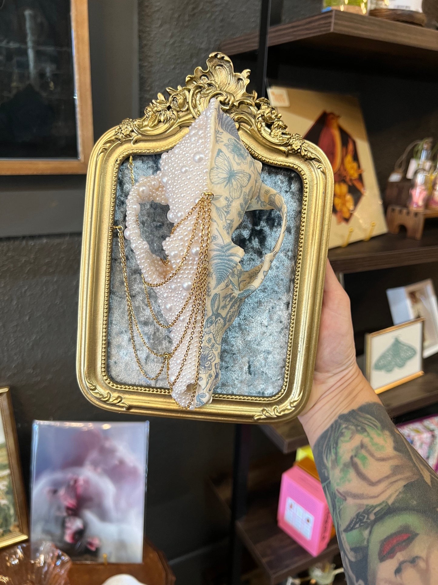 Ophelis Coyote Skull Faux Pearl Botanical Chained Gold Ornate Framed Oddities Taxidermy Artwork