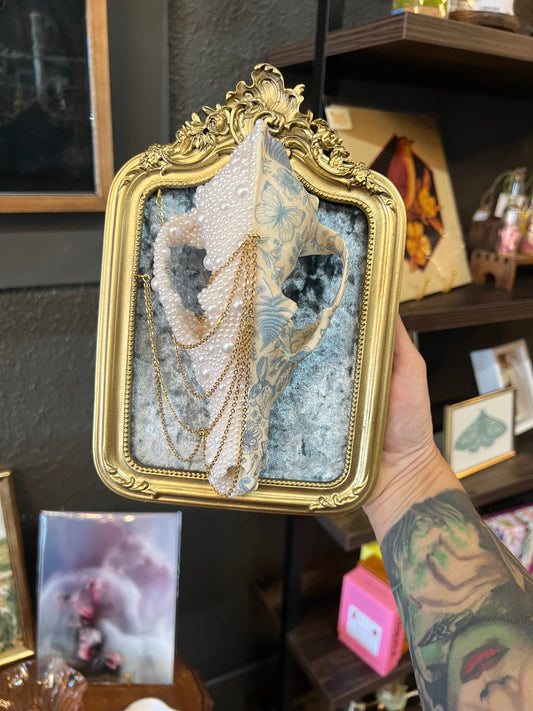 Ophelis Coyote Skull Faux Pearl Botanical Chained Gold Ornate Framed Oddities Taxidermy Artwork