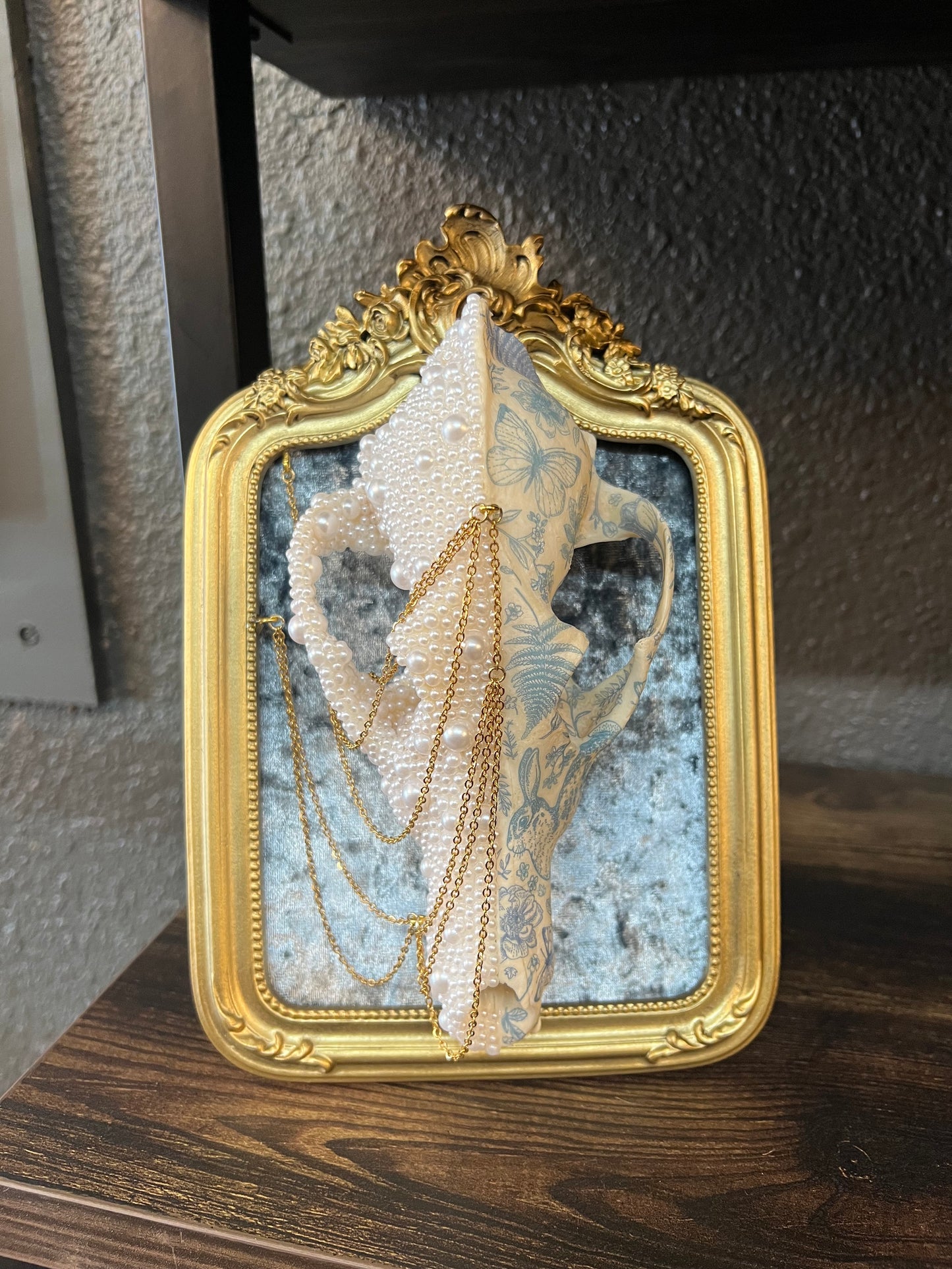 Ophelis Coyote Skull Faux Pearl Botanical Chained Gold Ornate Framed Oddities Taxidermy Artwork
