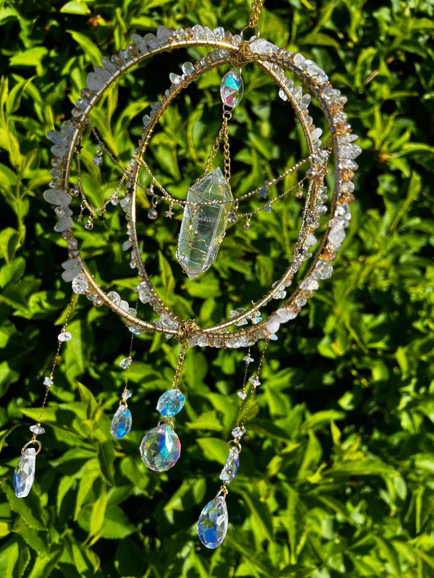 “Talia” celestial Clear Quartz beaded suncatcher with Angel Aura Double point