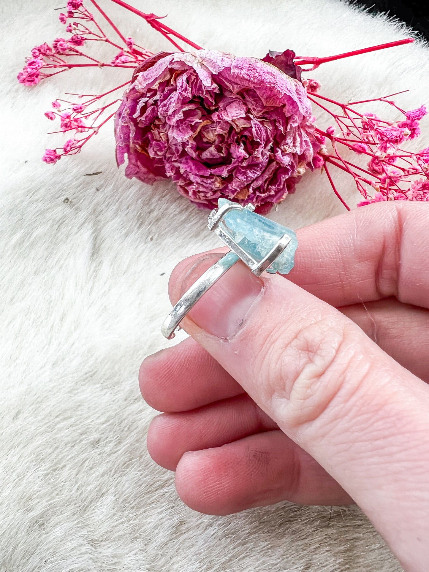 Silver Plated Rough Aquamarine Adjustable Ring