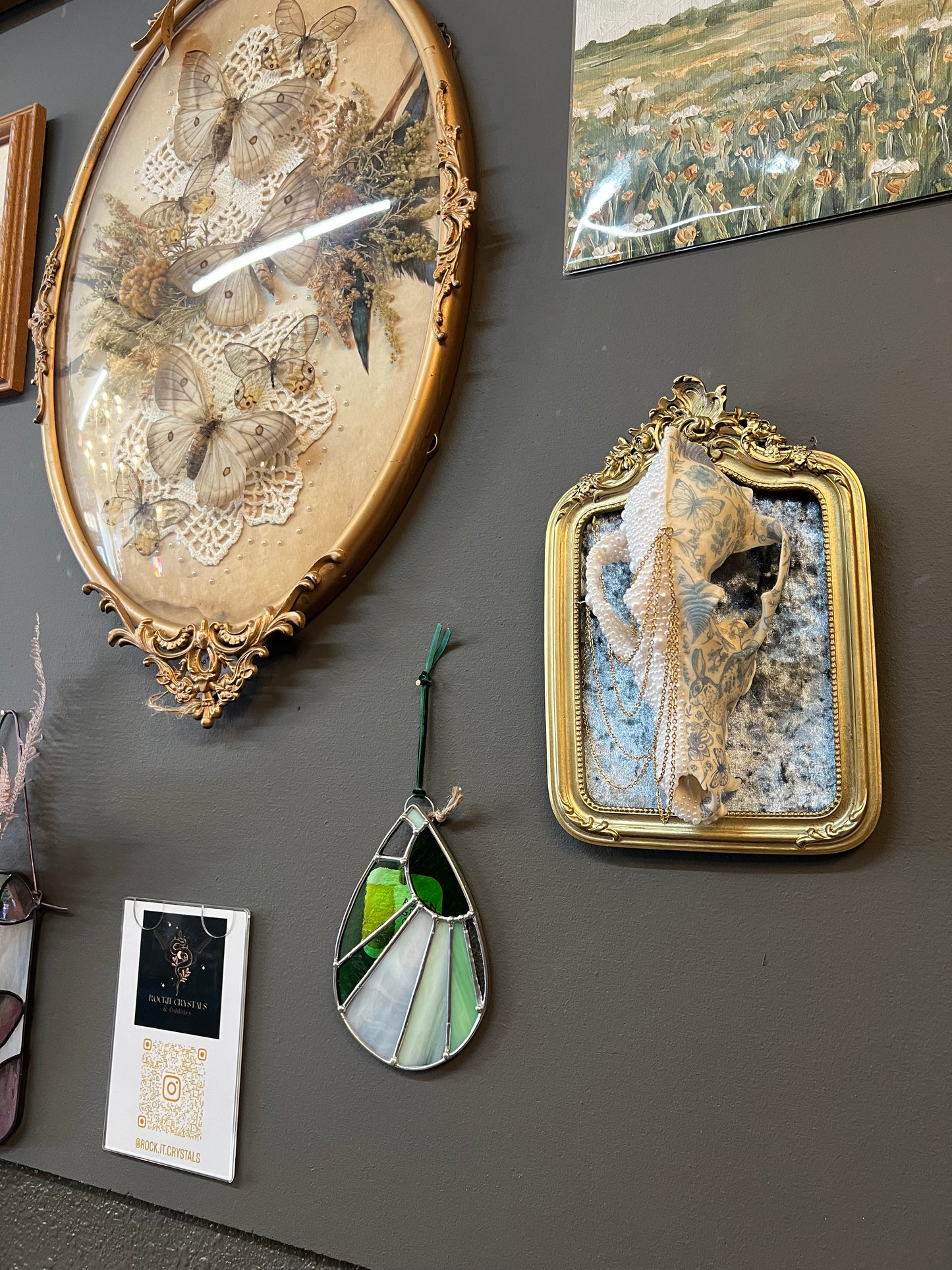 Ophelis Coyote Skull Faux Pearl Botanical Chained Gold Ornate Framed Oddities Taxidermy Artwork
