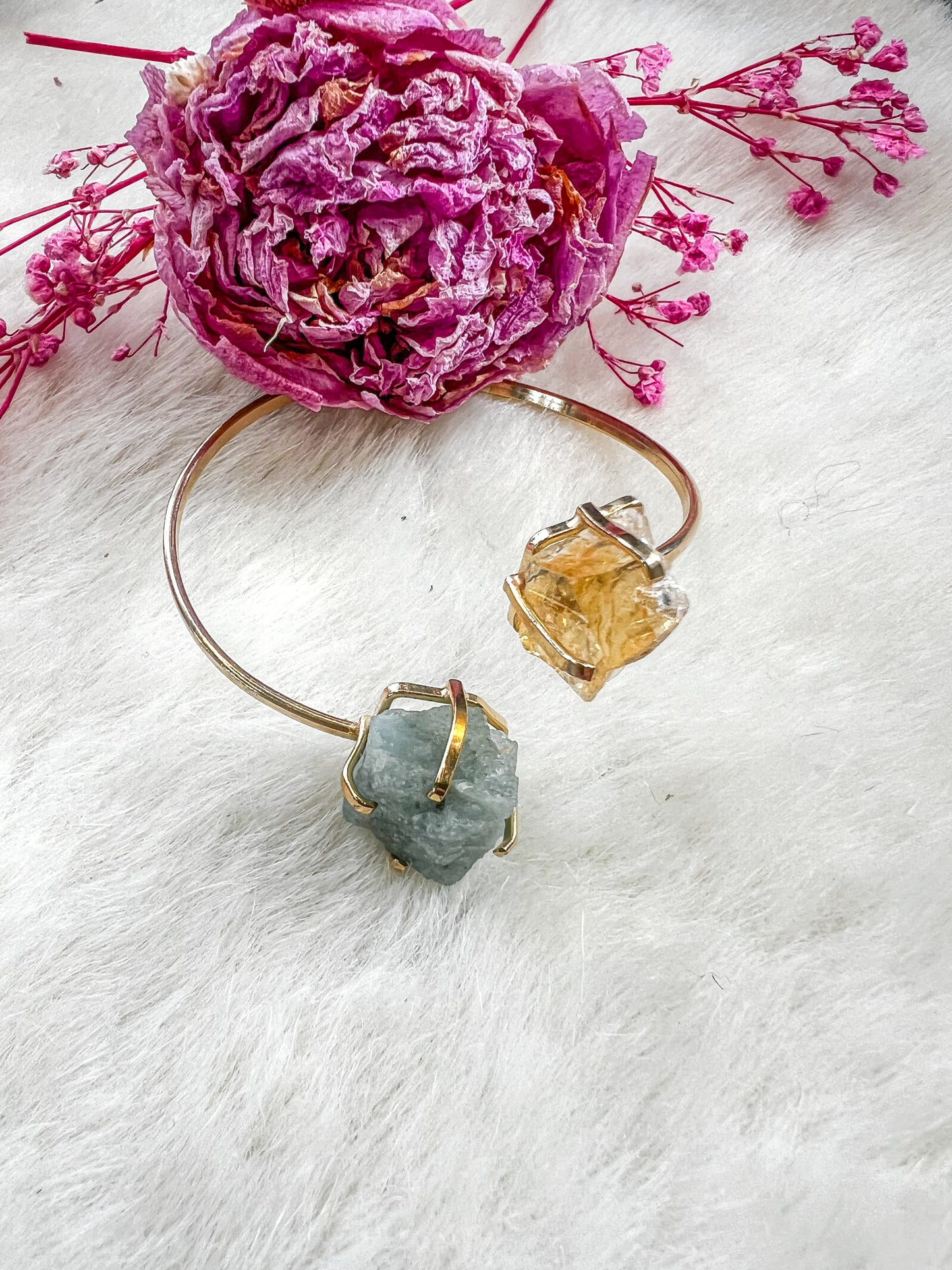 Rough Aquamarine Citrine Gold Plated Adjustable Bracelet