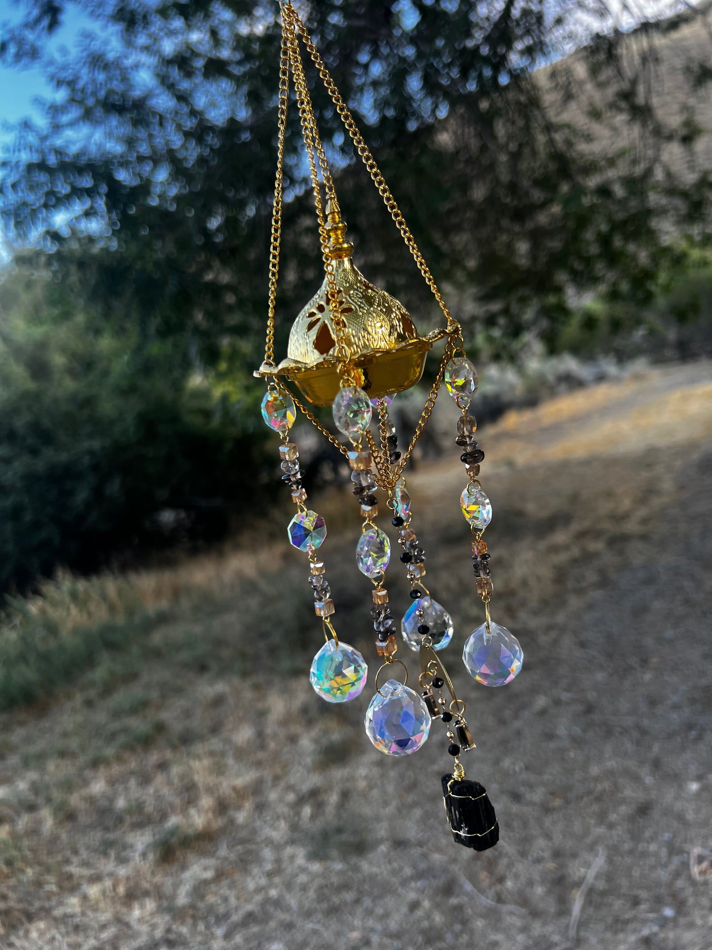 “Ravenna” Smokey Quartz Black Tourmaline Incense Holder Suncatcher