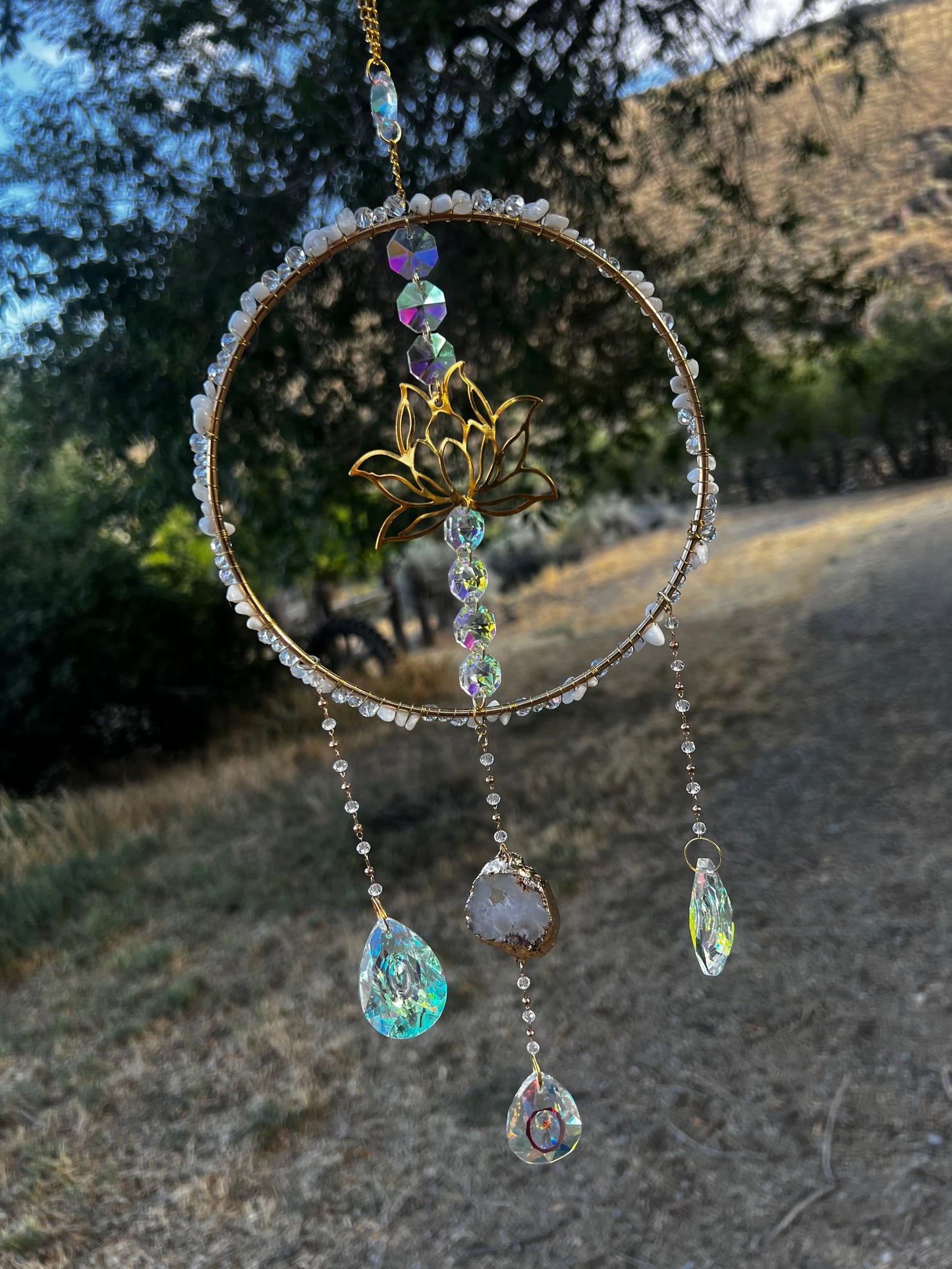 “Callidora” Rainbow Moonstone Lotus Crystal Suncatcher