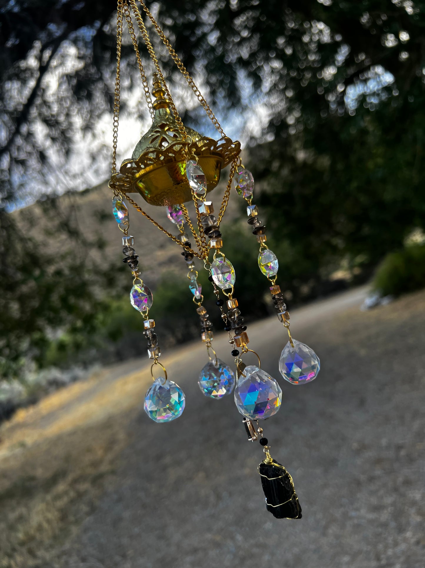 “Ravenna” Smokey Quartz Black Tourmaline Incense Holder Suncatcher