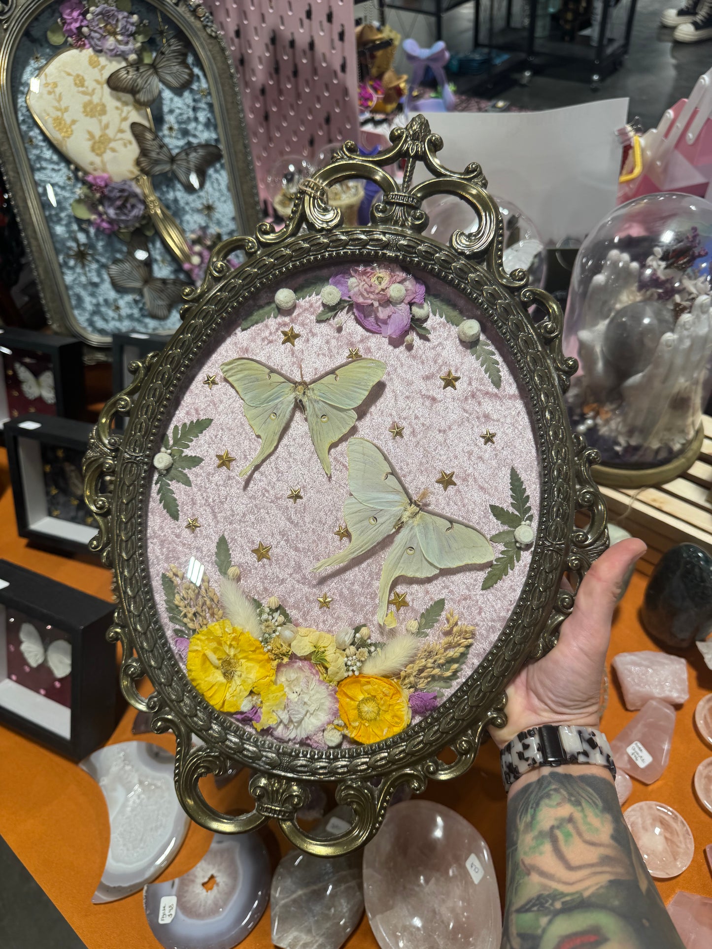 Betsy Luna Moth Celestial Whimsical Floral Vintage Bubble Glass Framed Artwork