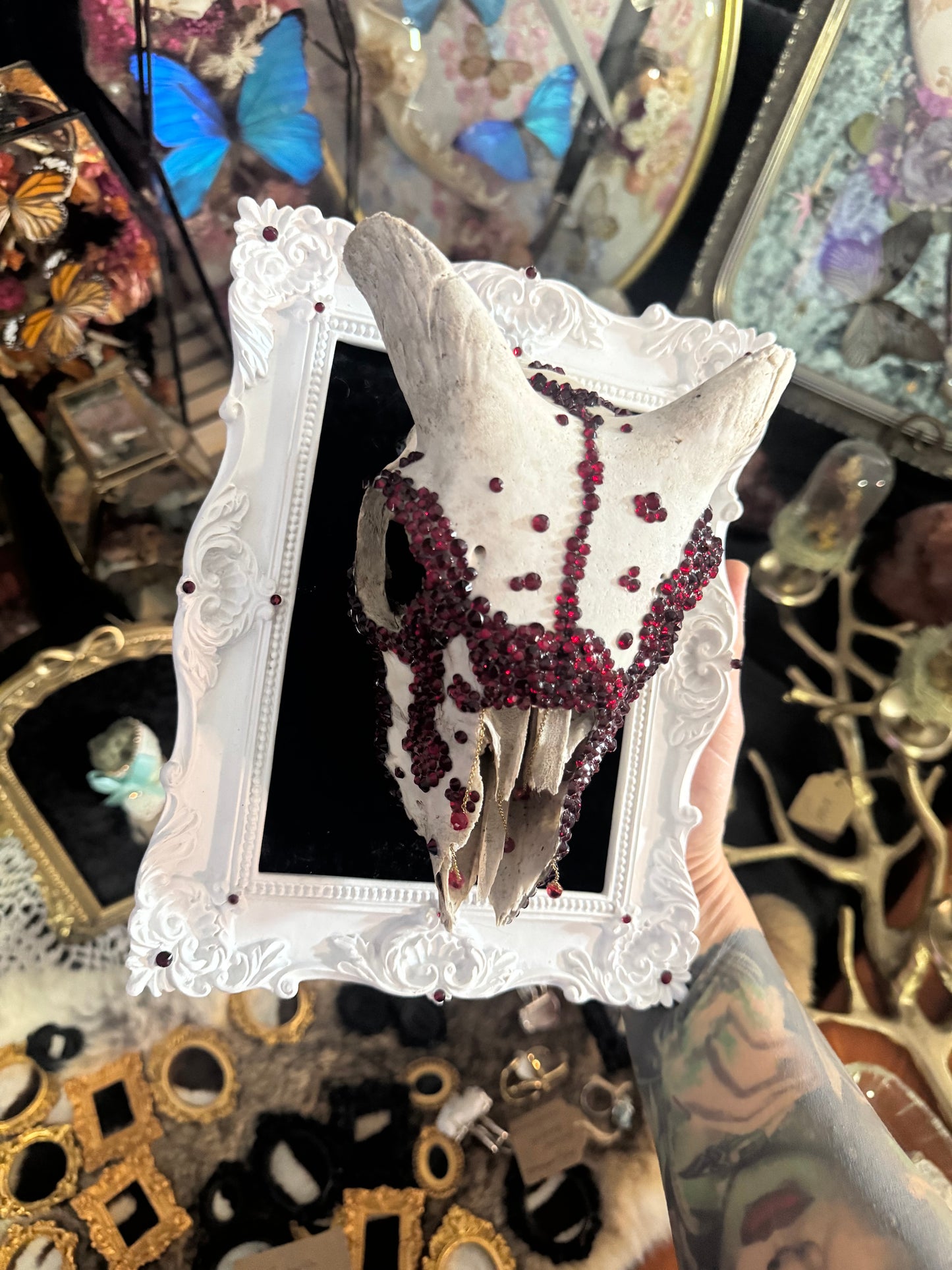 Baltazar Gothic Framed Goat Skull Red Rhinestone Embellished Artwork