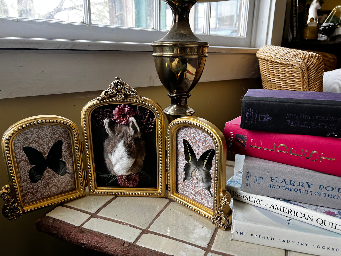 “Beatrice” Framed Rabbit Head Floral Butterfly Taxidermy Artwork