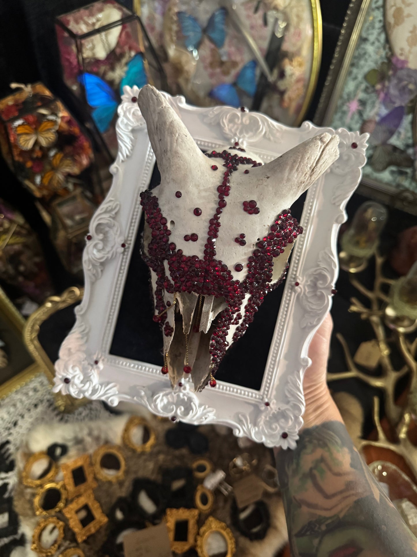 Baltazar Gothic Framed Goat Skull Red Rhinestone Embellished Artwork
