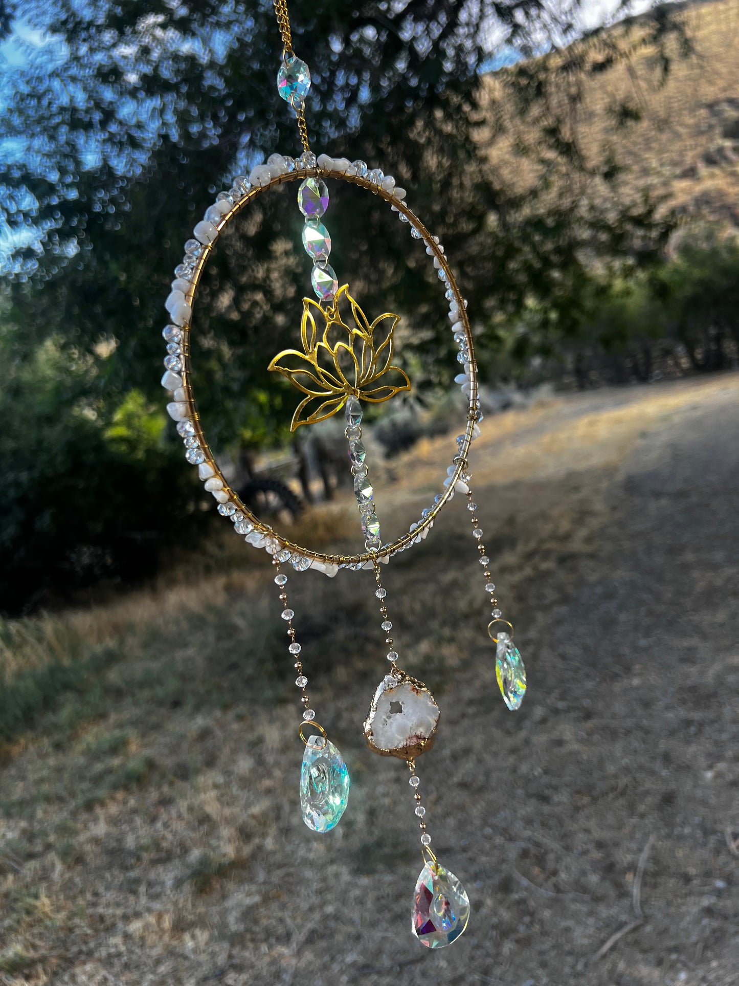 “Callidora” Rainbow Moonstone Lotus Crystal Suncatcher