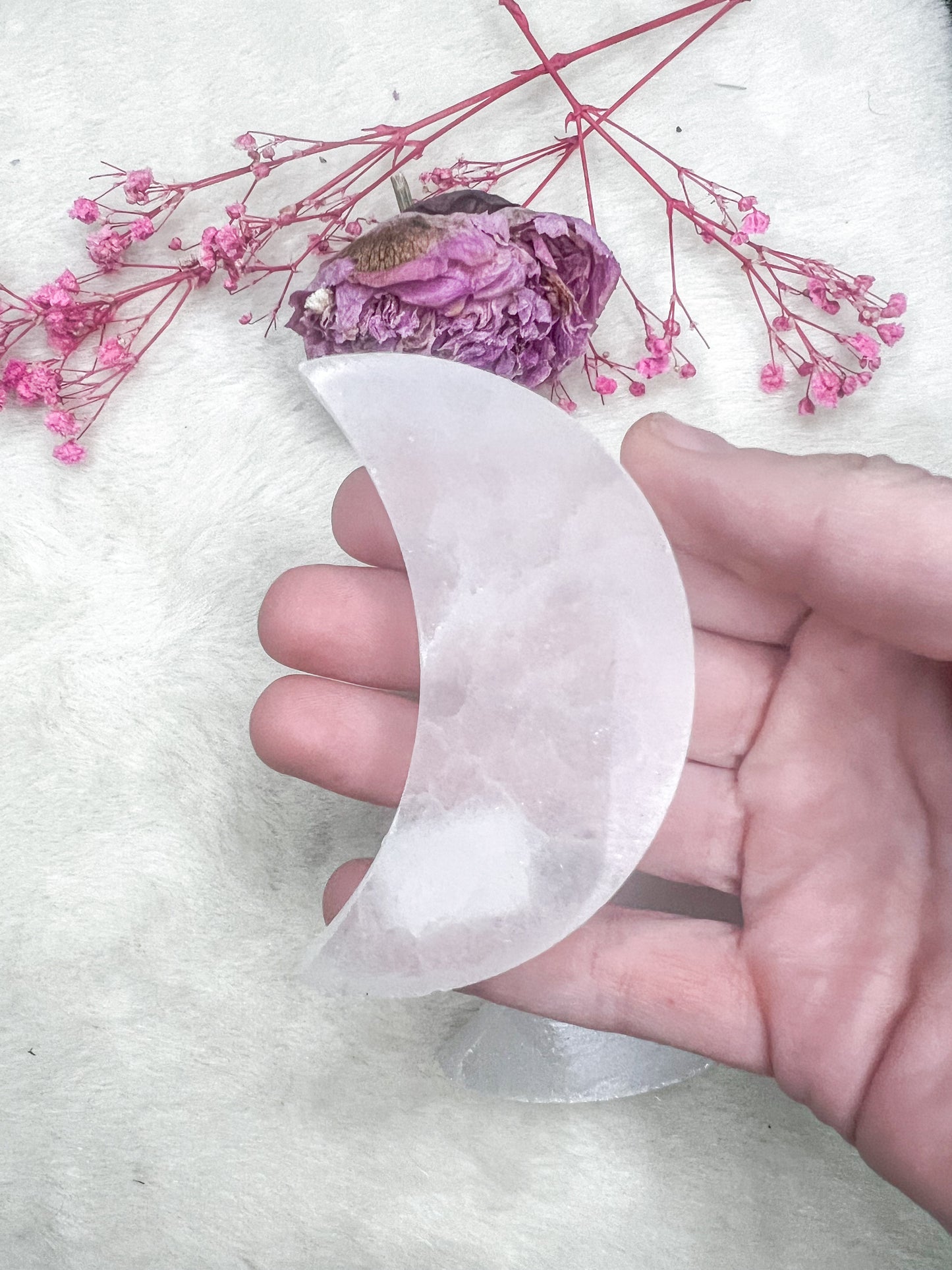 Selenite Satin Spar Flat Moon Crystal Charging Jewelry Dish