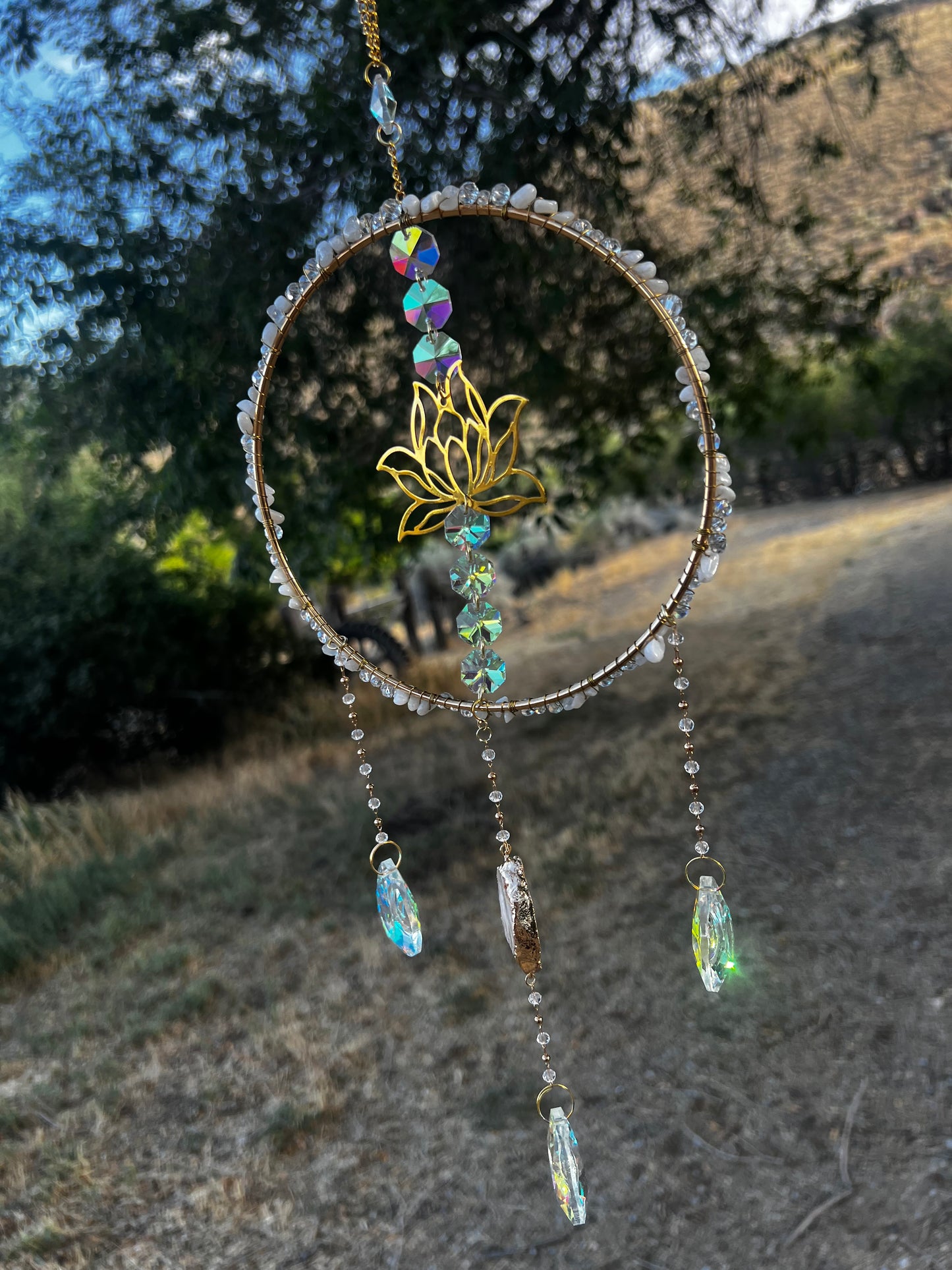 “Callidora” Rainbow Moonstone Lotus Crystal Suncatcher