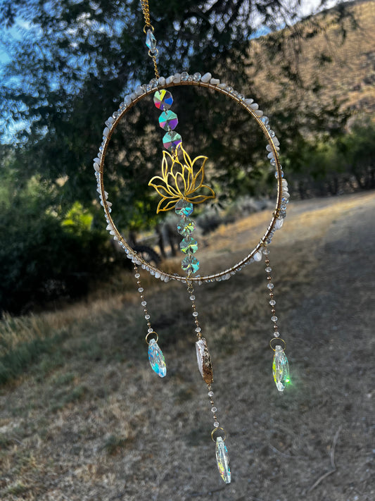 “Callidora” Rainbow Moonstone Lotus Crystal Suncatcher