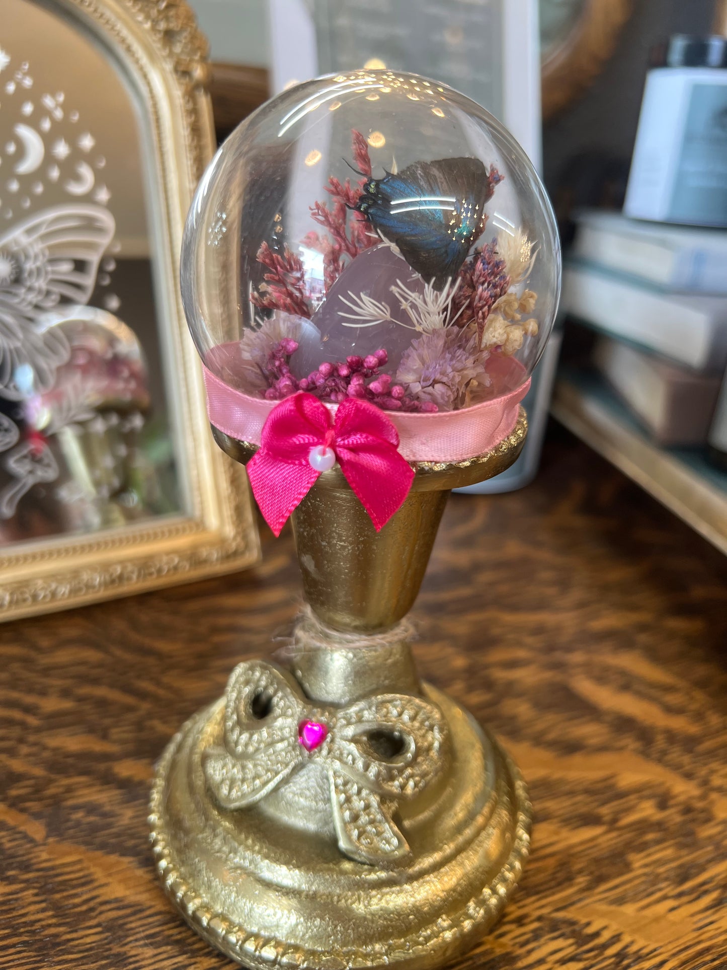 Gigi Butterfly Oddities Butterfly Insect Dried Floral Pink Glass Dome Artwork