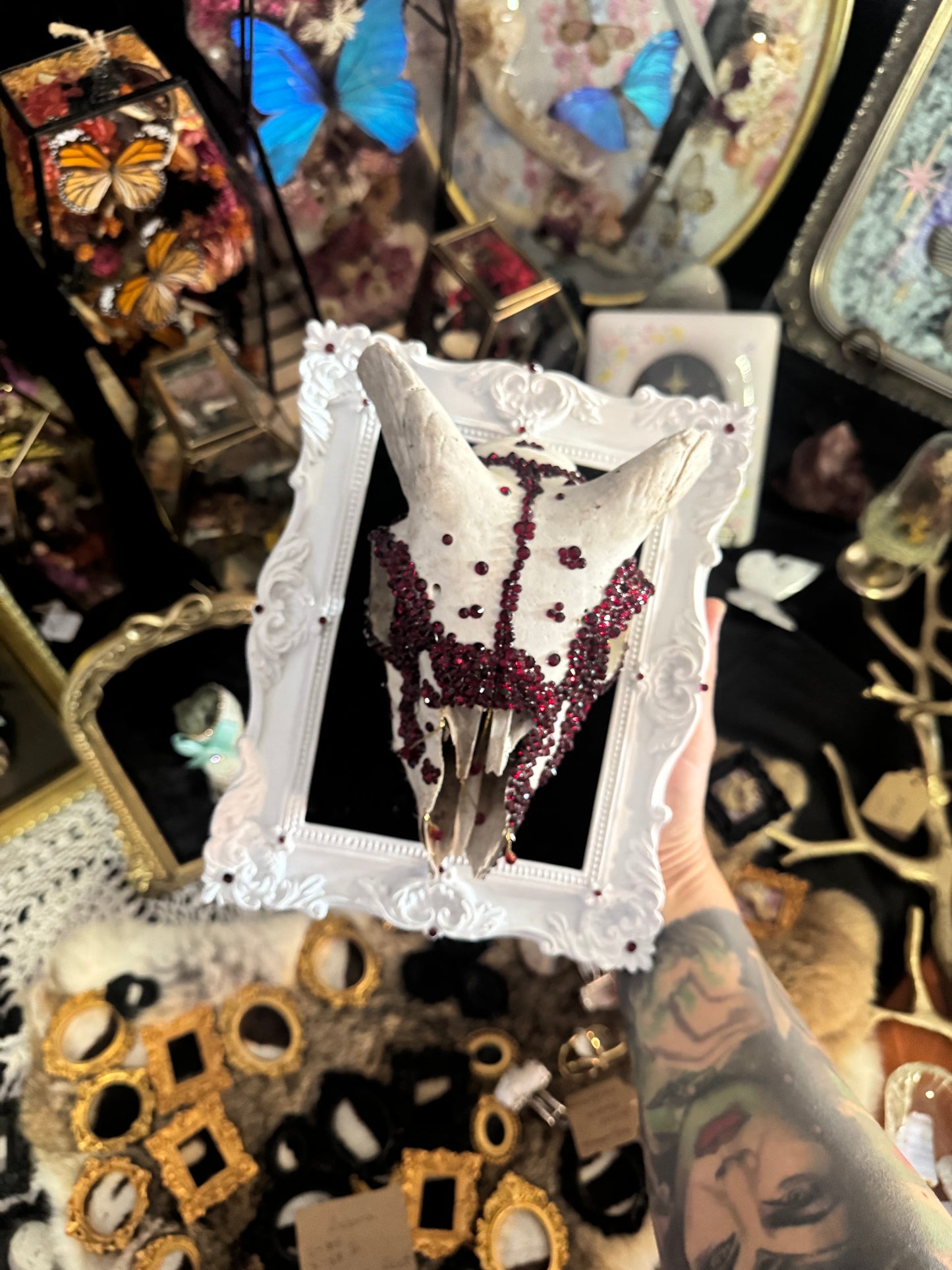 Baltazar Gothic Framed Goat Skull Red Rhinestone Embellished Artwork