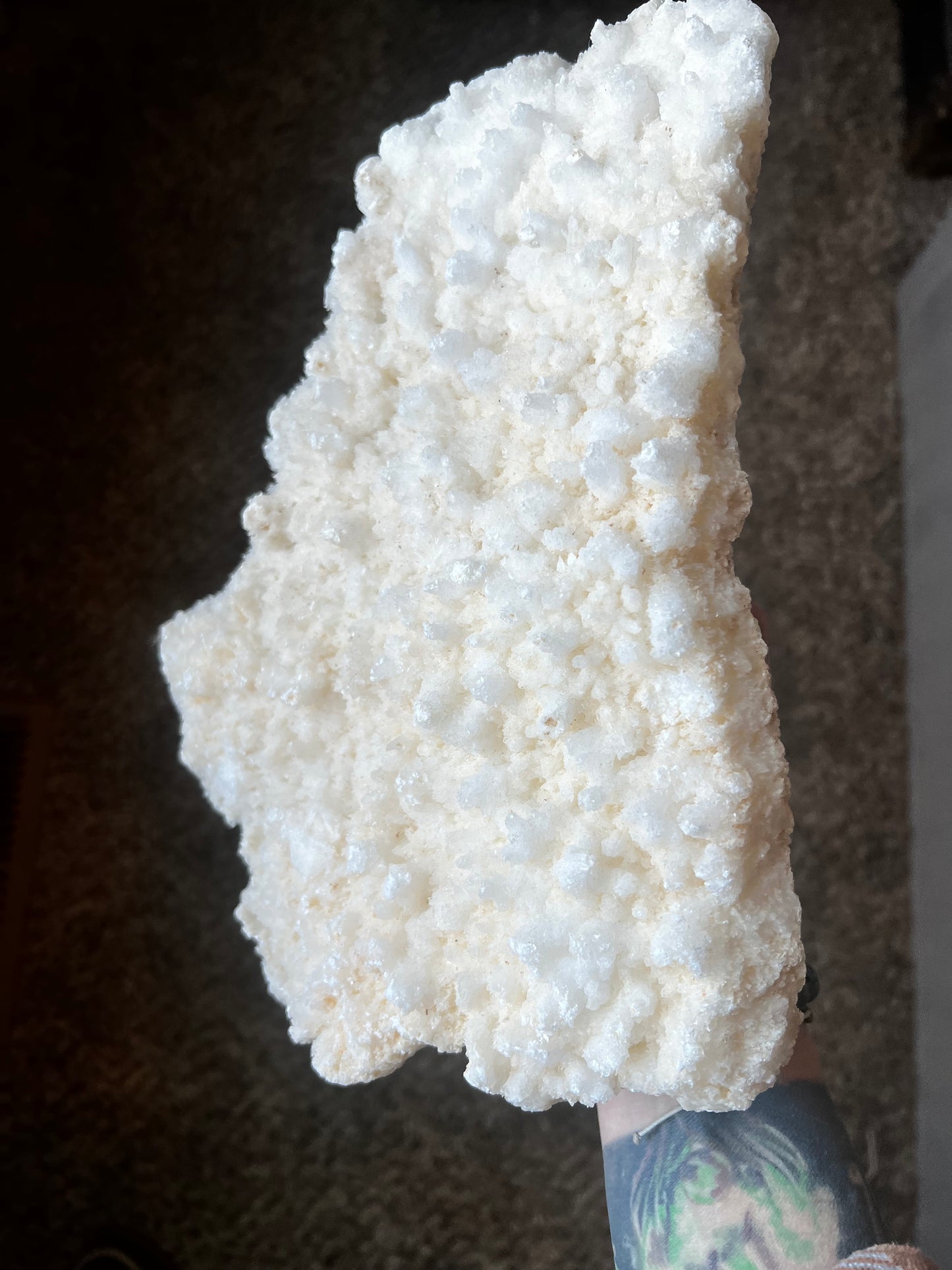 Druzy White Aragonite statement slab with metal stand